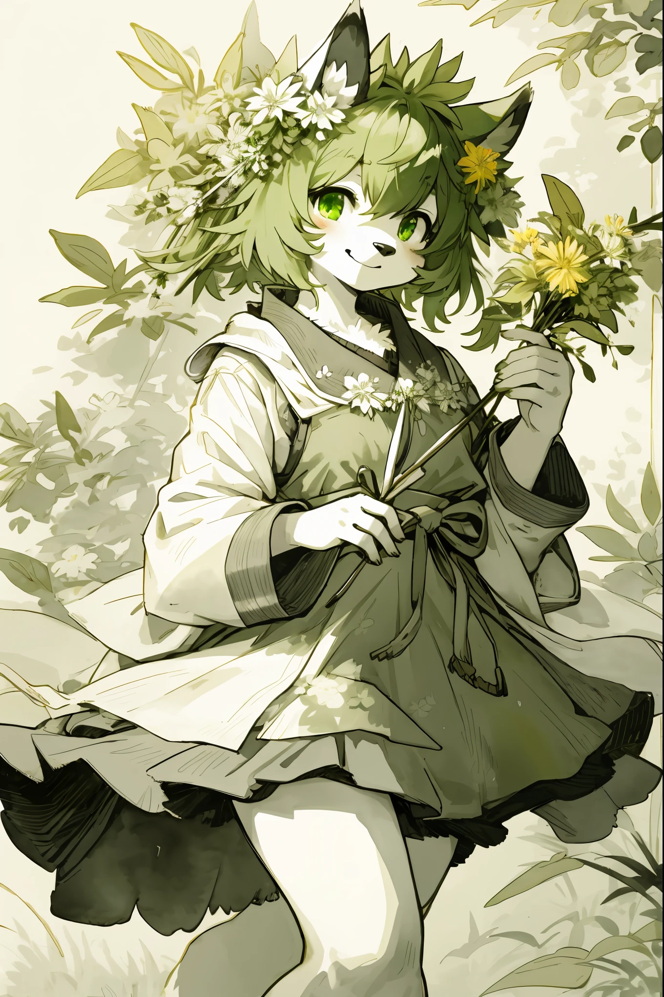 monochrome, watercolor, highres, top quality, best quality, paid reward available, High-quality illustrations, unparalleled masterpiece, perfect artwork, absurdres, 1girl, kemono, furry, detailed body fur, animal face, animal hand, Archaic Smile, holding a cluster of green flower in both hands, which are positioned at chest level, She is wearing a simple ring on the ring finger of her left hand, unfocused spread of green flower, fan-created work shared on platforms Pixiv or Twitter,