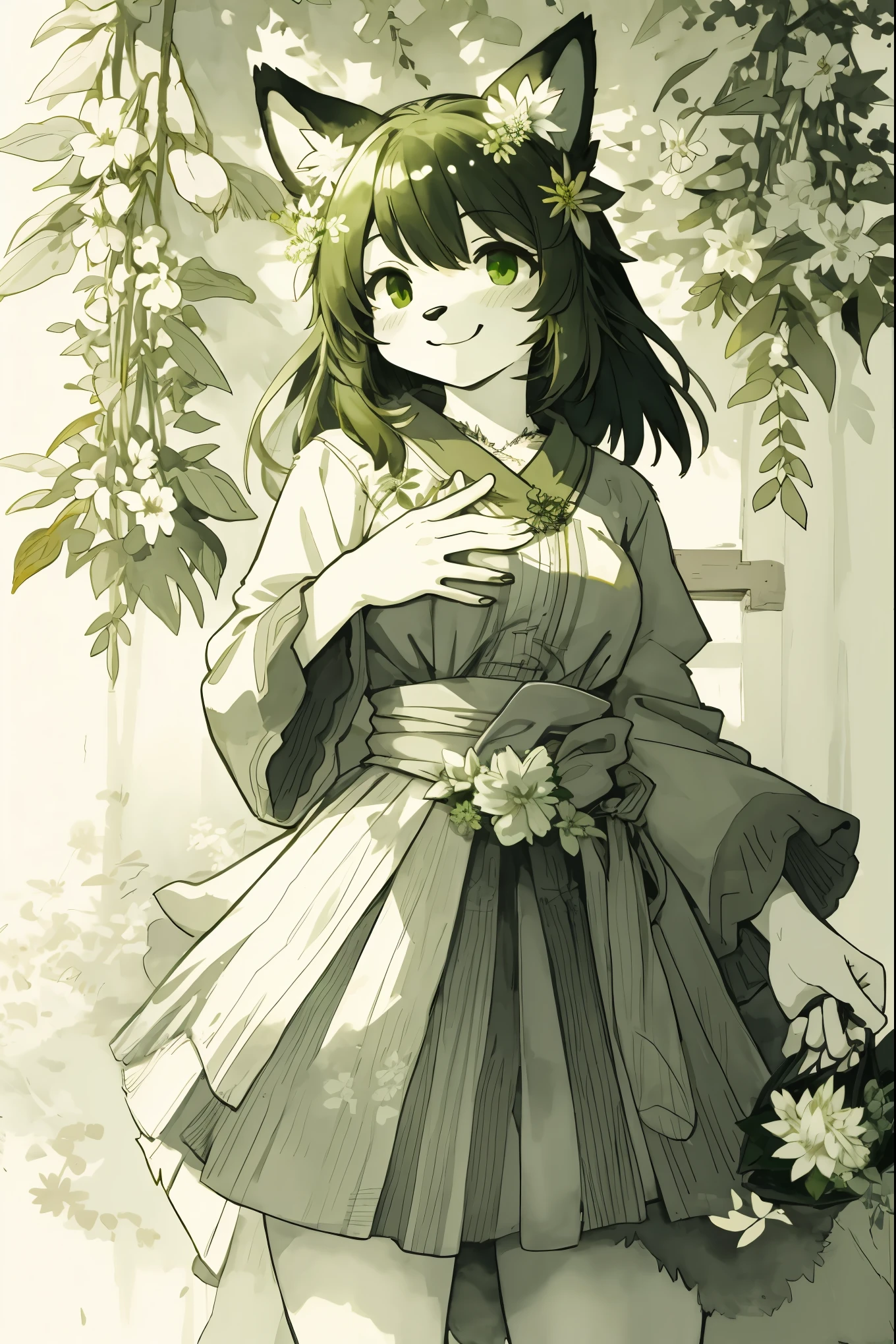 monochrome, watercolor, highres, top quality, best quality, paid reward available, High-quality illustrations, unparalleled masterpiece, perfect artwork, absurdres, 1girl, kemono, furry, detailed body fur, animal face, animal hand, Archaic Smile, holding a cluster of green flower in both hands, which are positioned at chest level, She is wearing a simple ring on the ring finger of her left hand, unfocused spread of green flower, fan-created work shared on platforms Pixiv or Twitter,