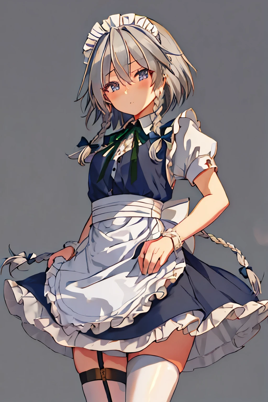 highest quality, masterpiece, High resolution, alone, {izayoi_Sakuya_East:1.15}, Braid, twin_Braids, maid_head dress, short_hair, maid, bow, gray_hair,  前hair, 青eye, ribbon, hair_between_eye, chest,simple background、open legs