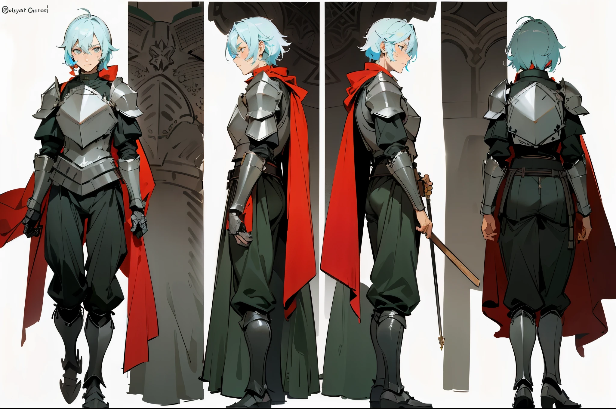 (character sheet of the (same exact looking) mature (man:1.5), (male:1.5), plate knight armor, (plate armored trousers:1.5)), (white background:1.5), ((flat colors, outlines, colorful, colored:1.2), low detail)
