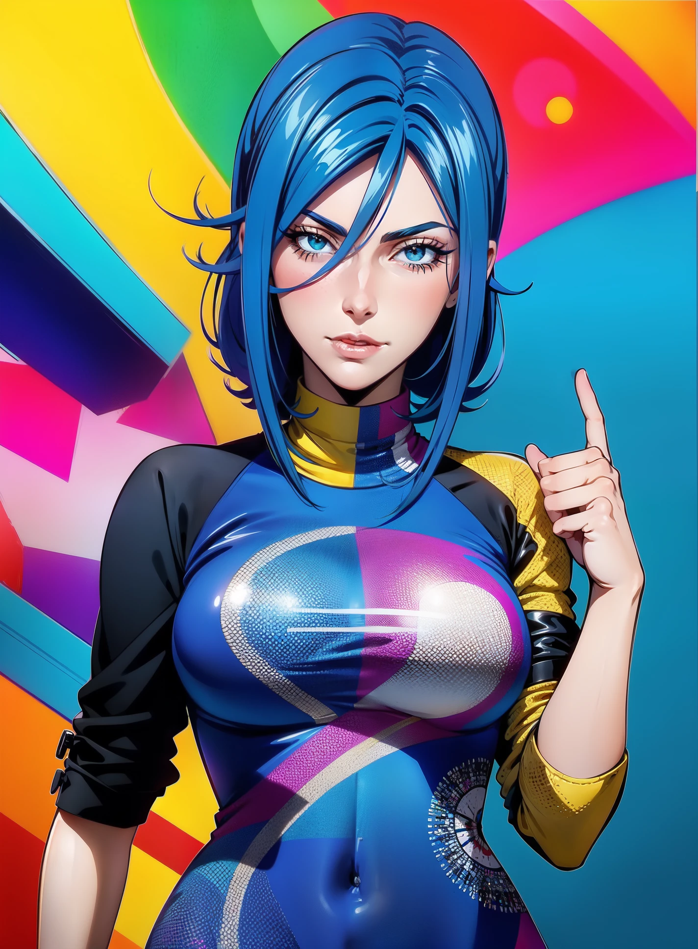 ((masterpiece, best quality, highest resolution, extremely detailed))
One supermodel wearing a bodysuit with the text saying (("LUNK 777"))) in bold letters, gigantic breasts, slight smile, jewellery, simple background, presenting breasts , sharp rainbow outline , high contrast , colourful ,