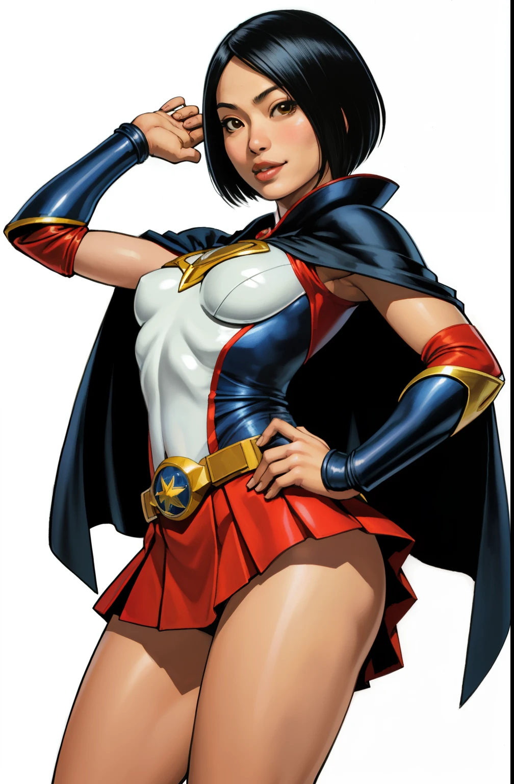 one woman, stand up, happy, sexy, asian super hero , maquiagem, small breasts, Lips are soft or colored, , tokusatsu, cap, fundo simples, sexy, short skirt, short cape, stand up, tokusatsu dress, perfect hands, good anatomy, postura ereta, provocante, smille facial expression, simple lighting and texture, white background, helmet with glass, tokyo, legs