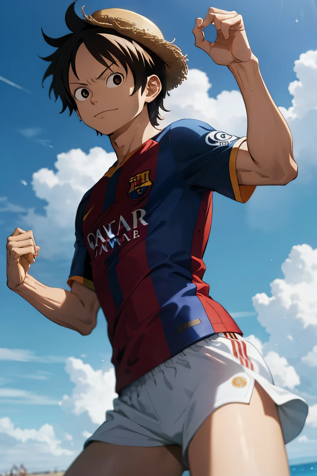 one Piece Monkey D Luffy Wearing the shirt of FC Barcelona Number 10 Lionel Messi