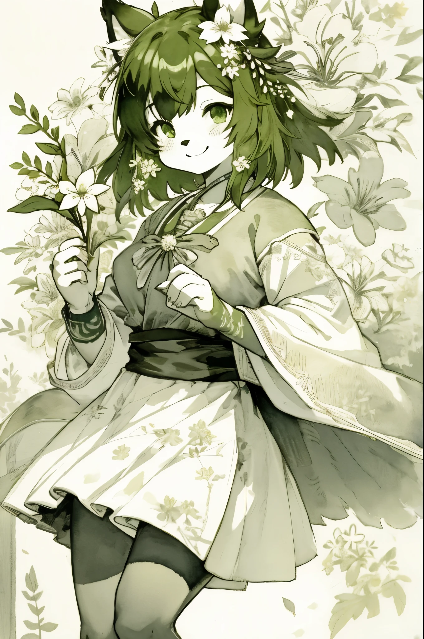 monochrome, watercolor, highres, top quality, best quality, paid reward available, High-quality illustrations, unparalleled masterpiece, perfect artwork, absurdres, 1girl, kemono, furry, detailed body fur, animal face, animal hand, Archaic Smile, holding a cluster of green flower in both hands, which are positioned at chest level, She is wearing a simple ring on the ring finger of her left hand, unfocused spread of geen flower, fan-created work shared on platforms Pixiv or Twitter,