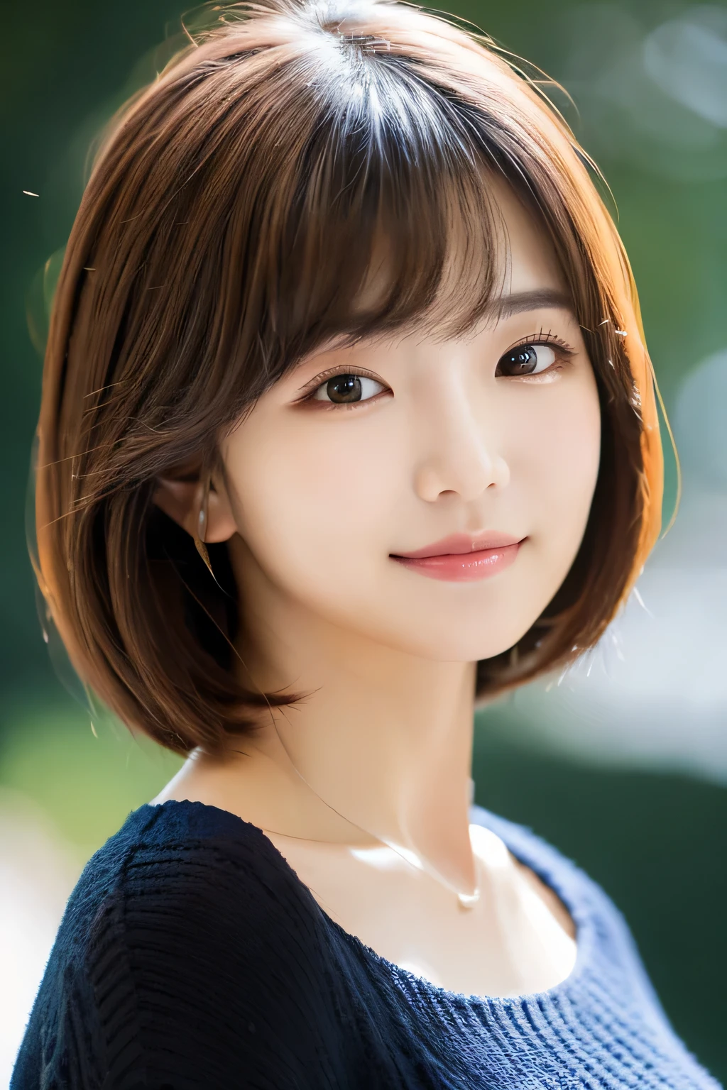 (masterpiece:1.3), (8k, Photoreal, RAW photo, best image quality: 1.4), Japanese college girl、(random hairstyle:1.2)、cleavage:1.2、super detail face、pay attention to details、double eyelid、chest to chest、sharp focus:1.2、Beautiful woman:1.4、light brown hair、highest quality、masterpiece、超A high resolution、(Photoreal:1.4)、Highly detailed and professional illuminated smile、loose and light knitwear、shoulder out、thin、serious expression、short hair、deadly position