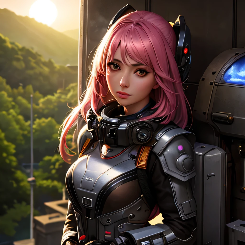 (((full medium shot))), (Masterpiece, photorealistic, photorealism, best quality, ultra-detailed:1.3), (nice hands, perfect hands), official art, cinematic light, (1girl:1.3), adult, 19 years old, pink hair, looking at viewer, steam powered biomech suit, steam backpack, futuristic, (((spaceship))), ((universe, galaxy, sun flare, moon)), sharp focus, highly detailed, artistic, fine detail, handsome, elegant, intricate, sublime, beautiful, dramatic, illuminated, generous, thoughtful, pretty, attractive, background color, epic, professional, inspirational, enhanced, bright