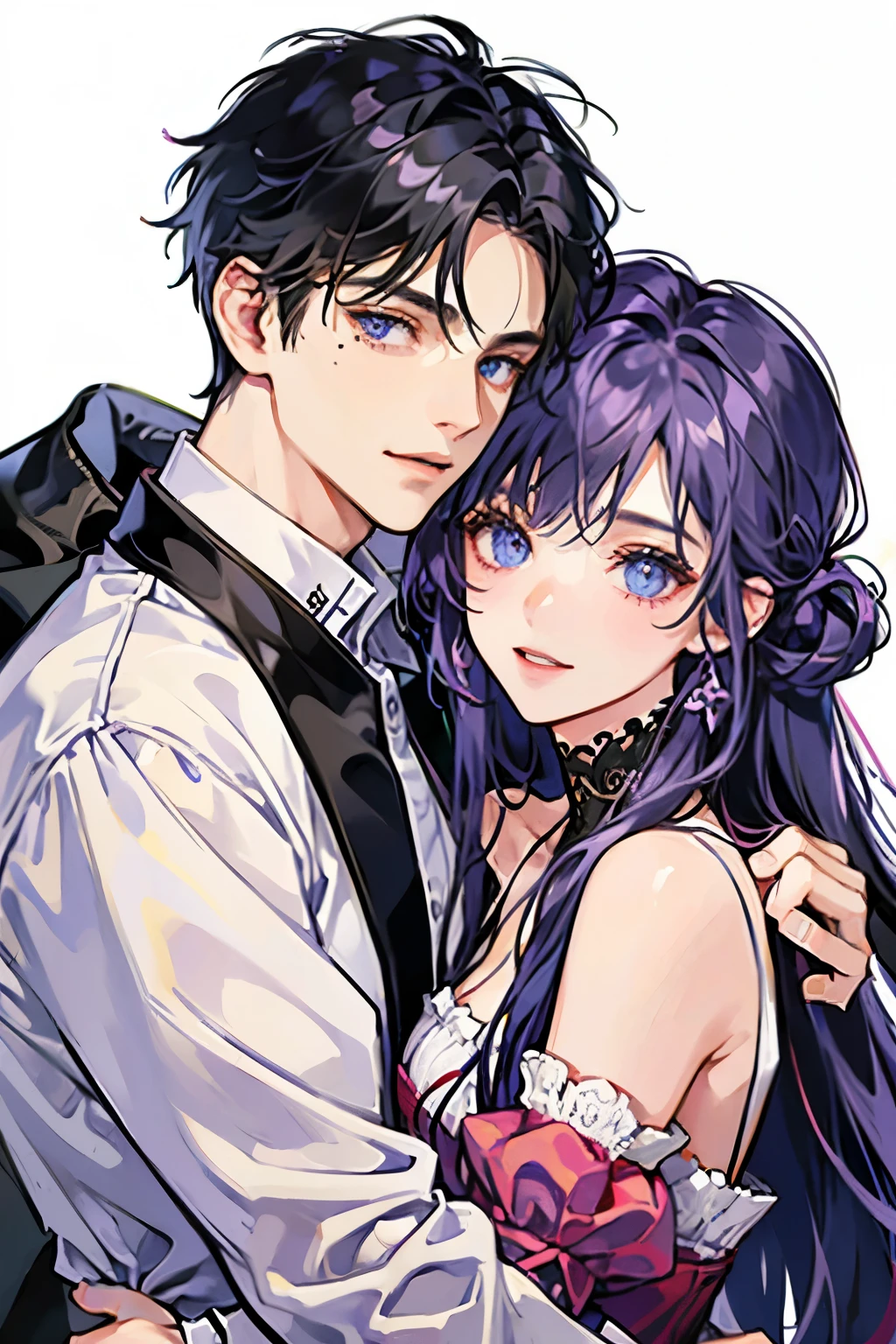 white background、((Man with purple hair))、droppy eyes、blue eyeole on face、man in white shirt、Short-haired man、Handsome guy、chest、((center parting man))、smile、16 year old male、adult woman、woman wearing a dress、long hair girl、man and woman hugging each other、((Girl with long black hair))、beautiful boy、girl with bangs、detailed face、man hugging waist、((Highest image quality))、mole、hair arrangement