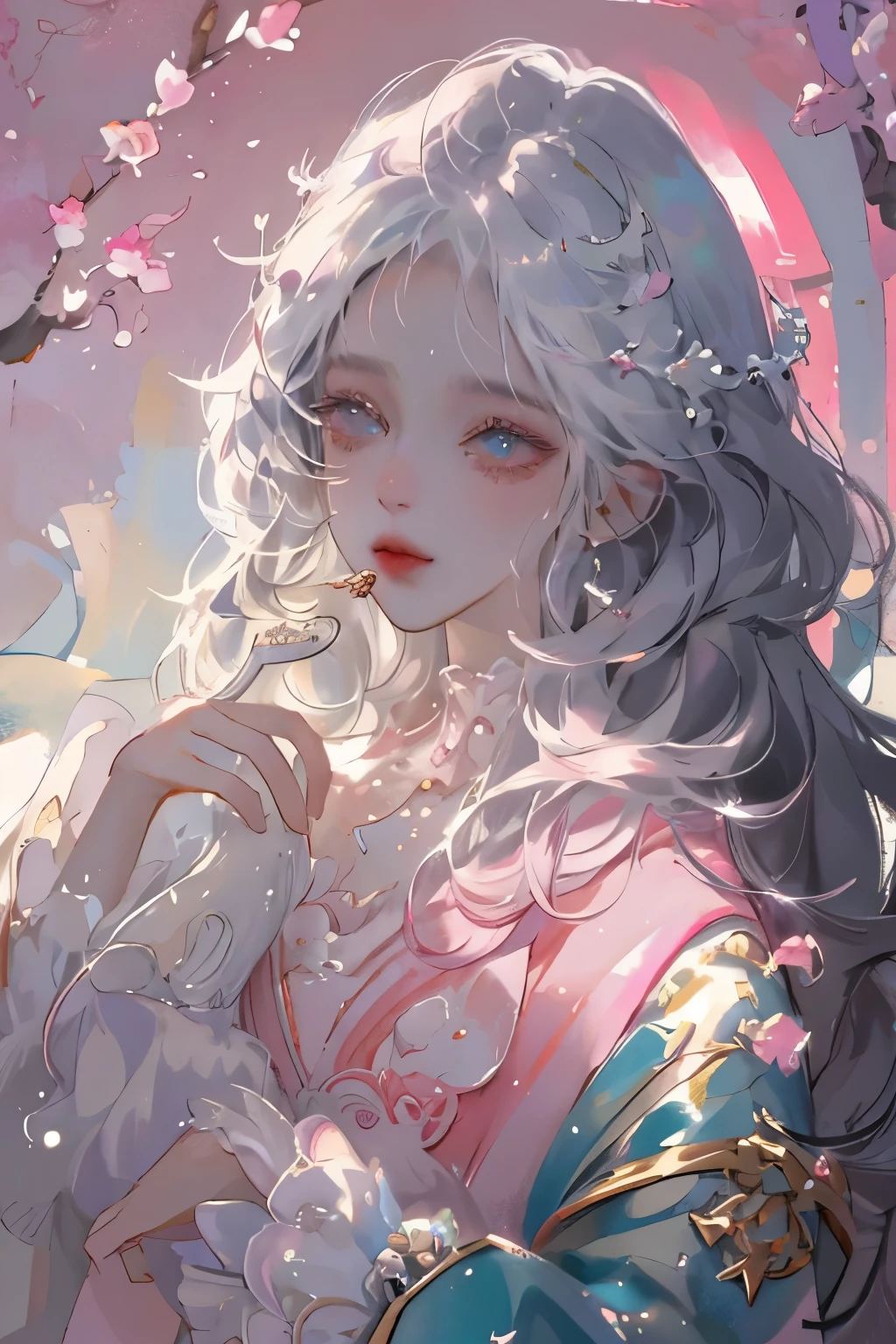 ((masterpiece)), highly detailed, best quality, 8k, (soft light), cinematic light, beautiful detailed eyes,
1girl, white hair, long hair, next to a bottle of perfume, elegant, cozy, clean detailed anime art, trending on artstartion, iridescent, opalescent, cream dripping on face, warmly lit, soap, (pink and white theme),
