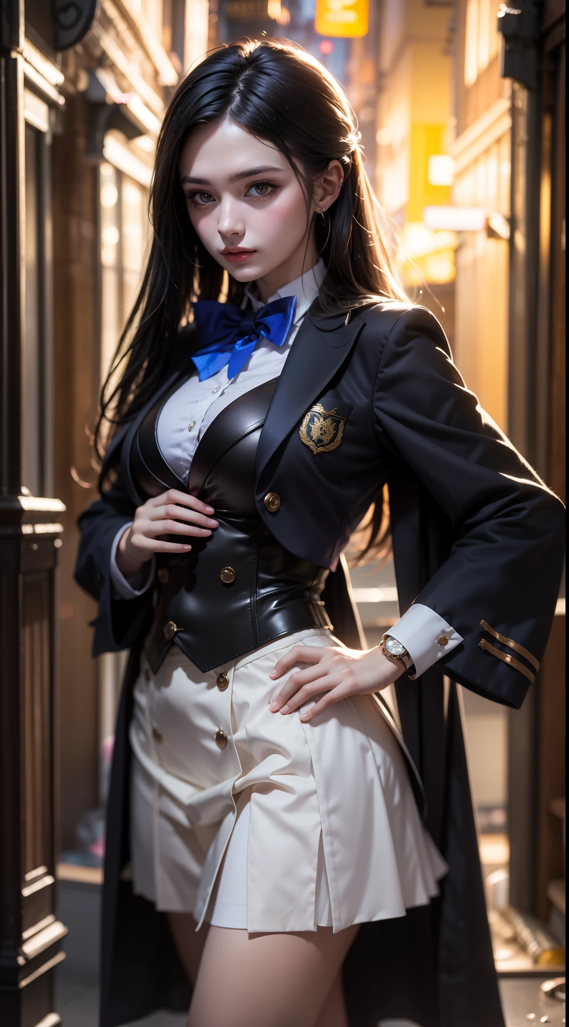 "((photorealism, high quality, detailing)), ((half of the body)) slender girl magician 20 years old (an alchemist, magic), attractive appearance, magic academy student ((fantasy student uniform)),  black hair (curls), A European view, magical atmosphere, Academy of Magic".