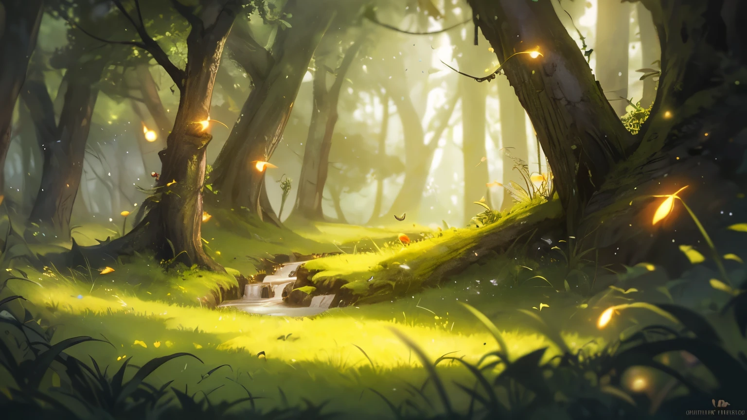 magical enchanted forest, fireflies, detailed, HD, green, moss, grass, bushes