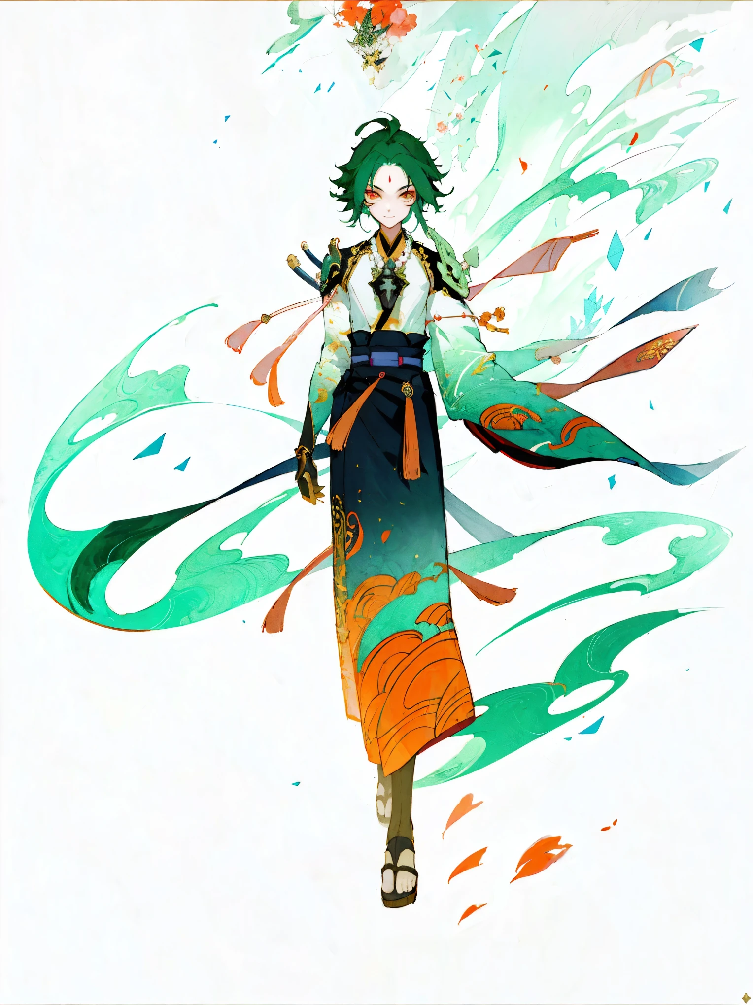(full body standing painting), alone, masterpiece，best quality，8k，1 boy，dark green hair，best quality，masterpiece，Extremely，Eye focus beautiful eyes， Japanese kimono, Red Lycoris, Flowers of Hell，ghost，(White background), background with，masterpiece, best quality at best, revelation, , Beautiful and detailed light, beautiful and delicate eyes, diaphragm, big forehead,Onmyoji Detailed Art, Oriental traditional art style, beautiful painting style, Ukiyo-style, Biomechanical Robotic Aesthetics, Slender figure, nightmare reality, Cable, and microchips, Create a surreal visual effect. Volumetric lighting and 8k post-production bring ultra-detailed renders to life, Showcasing shades of red and white with a hint of black., masterpiece, top quality, best quality, ultra high resolution