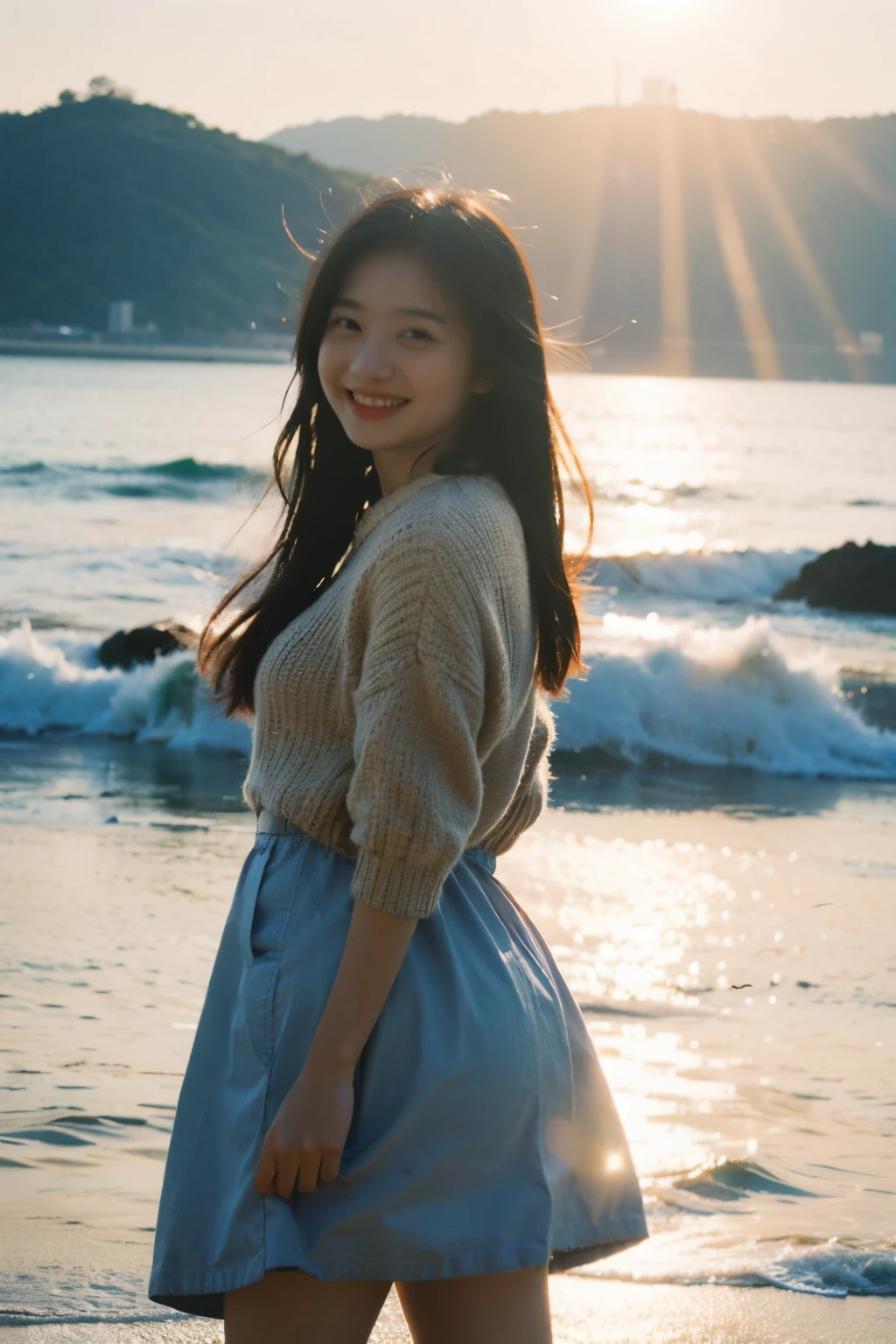 best quality,masterpiece,ultra high resolution,(authenticity:1.4),original photo,light,
1 girl,Smile,backlight,ocean,
