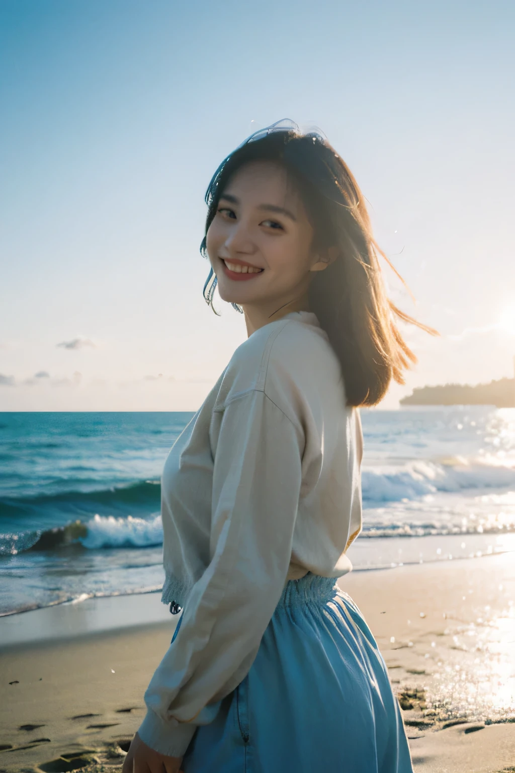 best quality,masterpiece,ultra high resolution,(authenticity:1.4),original photo,Light,
1 girl,Smile,backLight,ocean,