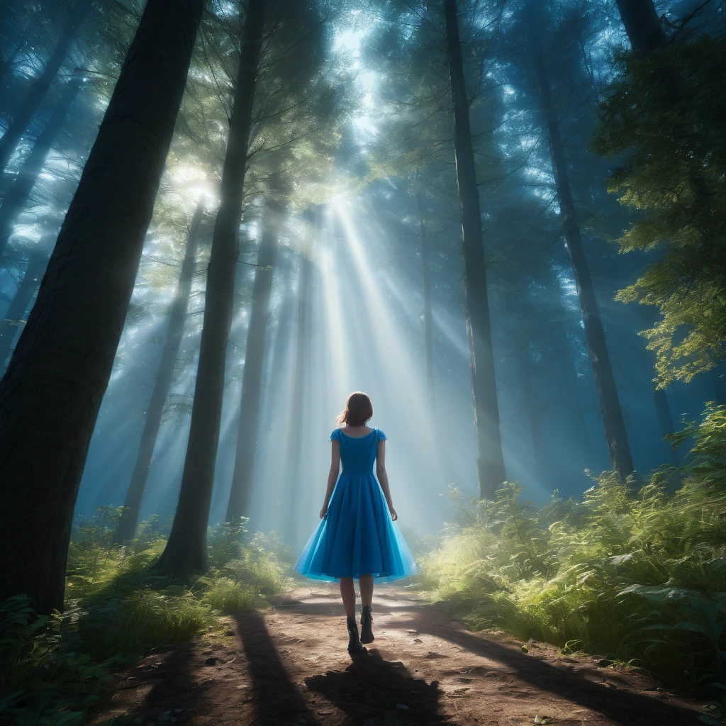 Tyndall Effect, aesthetic, extremely detailed, masterpiece, best quality, Tyndall effect, light beams, 1girl, solo, blue dress, thighhighs, standing, looking up, in forest, trees, sunlight rays, volumetric lighting, cinematic lighting, light rays, light scattering, volumetric fog, mist, atmosphere, photorealistic, 8k, unreal engine, octane render