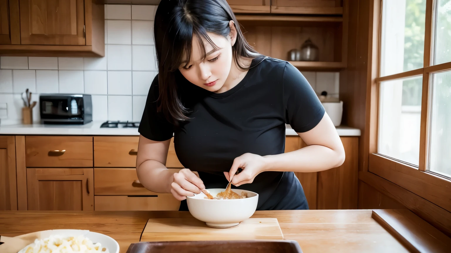 ((Masterpiece, best quality)), (1 female mother), (alone), cooking in the kitchen , About 40 years old, Looking at the casserole, The background scene is a wooden house., The page is very detailed., real picture, Real white skin, realistic body,complicated details, serious , brown eyes, black hair, Short sleeve shirt