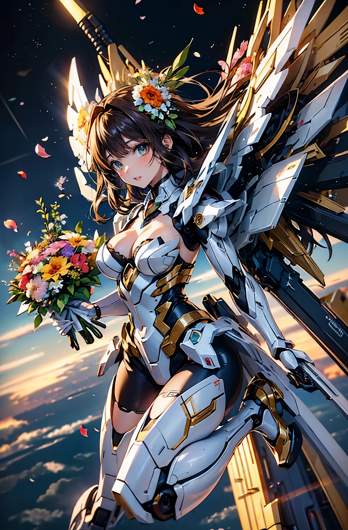 hyper quality、8K quality、High resolution、Image quality taken with a single-lens reflex camera、perfect anatomy、green eyes、triumphant smile、mecha girl、Beautiful woman with long dark brown hair、Gundam mechanical parts with a three-dimensional feel、Strike &#39;s wing-like back parts（Exposure of head, cleavage and thighs:1.5）BREAK、（perfect anatomy:1.4）(Heel type mechanical parts:1.2)Flying Pose、Distortion of space near the booster、BREAK.(holding a beautiful bouquet of flowers in her hand、gift to me:1.8)