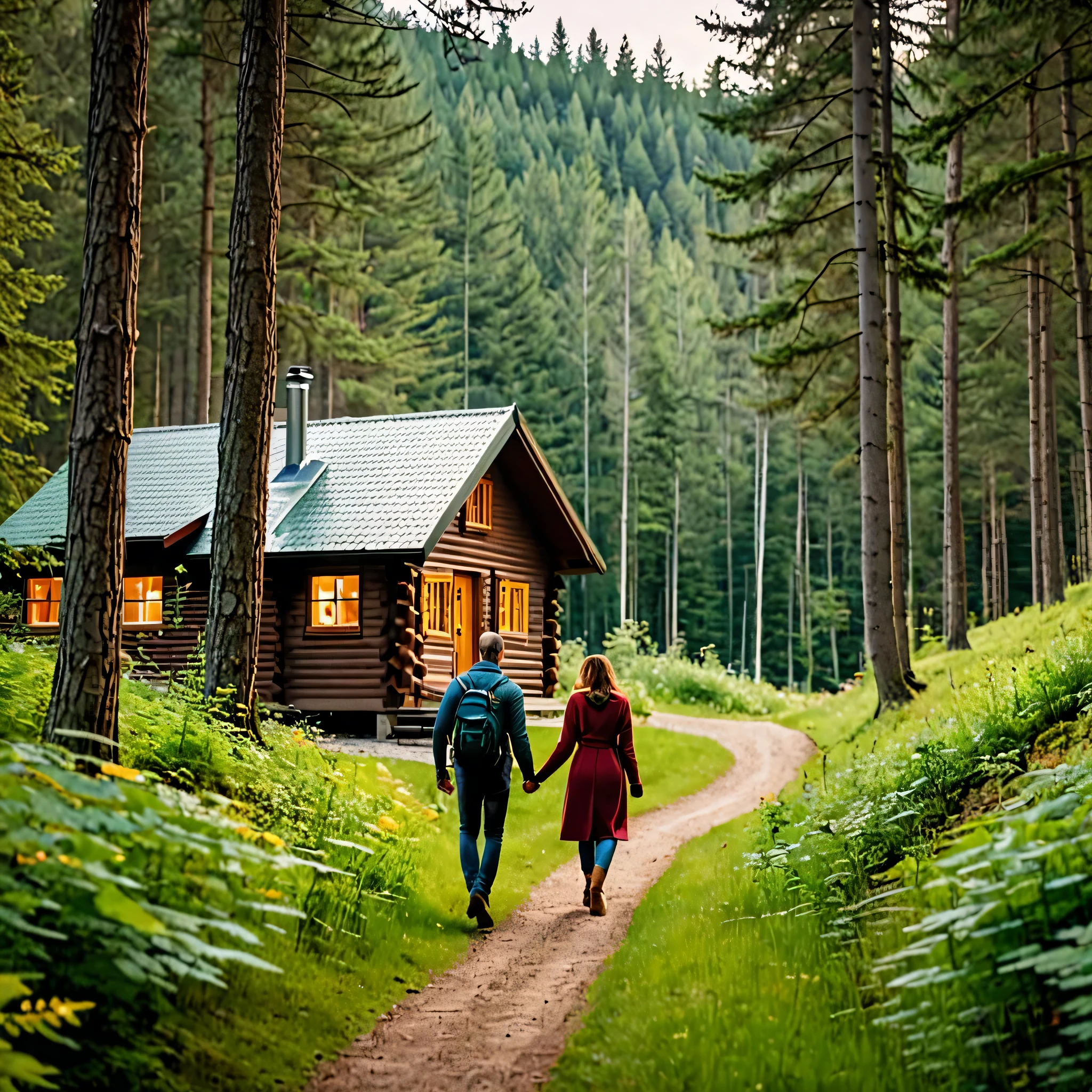 a man and a woman walking down a path in front of a cabin, beautiful house on a forest path, house in forest, house in the wood, the house in the forest, cottage in the forest, solitary cottage in the woods, the small house in the forest, cottage in the woods, cabin in the woods, nestled in a forest
