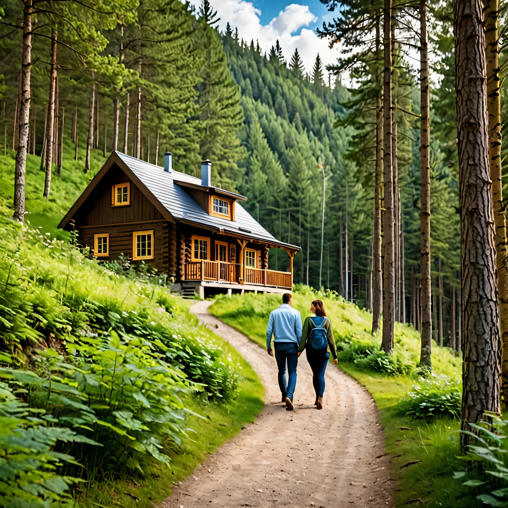 a man and a woman walking down a path in front of a cabin, beautiful house on a forest path, house in forest, house in the wood, the house in the forest, cottage in the forest, solitary cottage in the woods, the small house in the forest, cottage in the woods, cabin in the woods, nestled in a forest