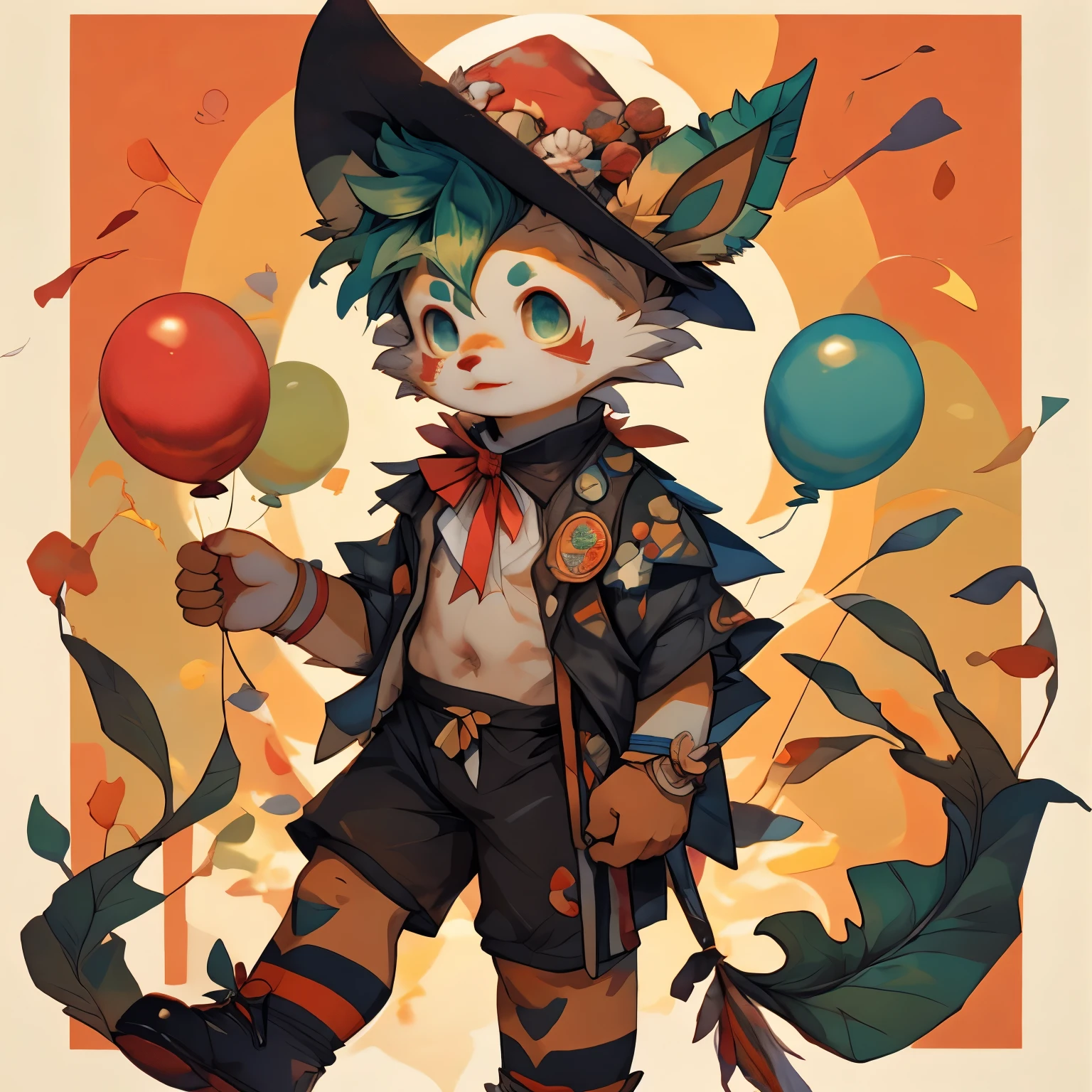 clown boy, green hair, red and green eyes, Red and green round shoulder and round leg suit, red and green clothing, Red and green clown hat，Circus red curtain background, Cute core clown core, y 2 k Cute core clown core, clown themed, Animated characters, clown boy, clown, medieval clown, highly rendered!!,  Detailed, (best quality), (intricate details), cute style, , clown style, colorful, ((green hair)), best quality, ((shorts)), ((Red and white clothes)), ((clown style clothes)), ((high socks)), ((round eyes)), ((has clown makeup)), pretty face, happy, cute face, Karasumi, perfect face, simple background portrait, Shota,（black eyes，hairy all over，cat nose：1.2），Eyes have brightness，panoramic，Character focus。Detailed background，(clown custume，bloomer：1.2），Leafeon, Leafeon clown boy，clown，circus，perform acrobatics，Lively，Lovely，masterpiece, high quality, abstract research,number\(artwork\), Yes, (Hana Charcoal,fluffy fur,Character focus:1.1), short hair,portrait , eyes are very bright, panoramic, Character focus.(Detailed background:0.7), lyre，Colorful balloons