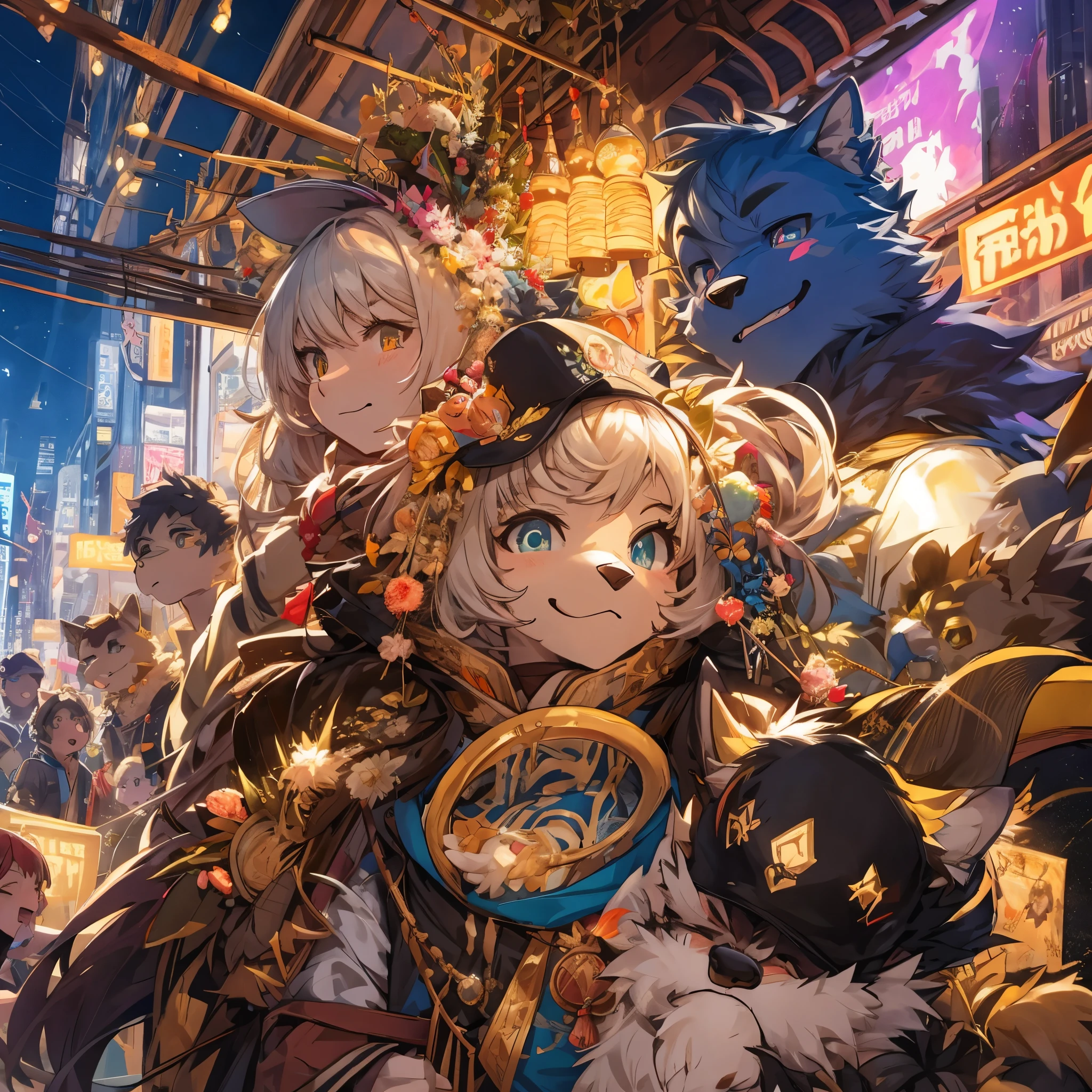top quality, best quality, High-quality illustrations, masterpiece, super high resolution, detailed background, Crowded cityscape, group shot, 6+boys, 6+girls, festival, absurdres(highly detailed beautiful face and eyes)perfect anatomy(Photo of family trip)(kemono, furry anthro)selfie,
