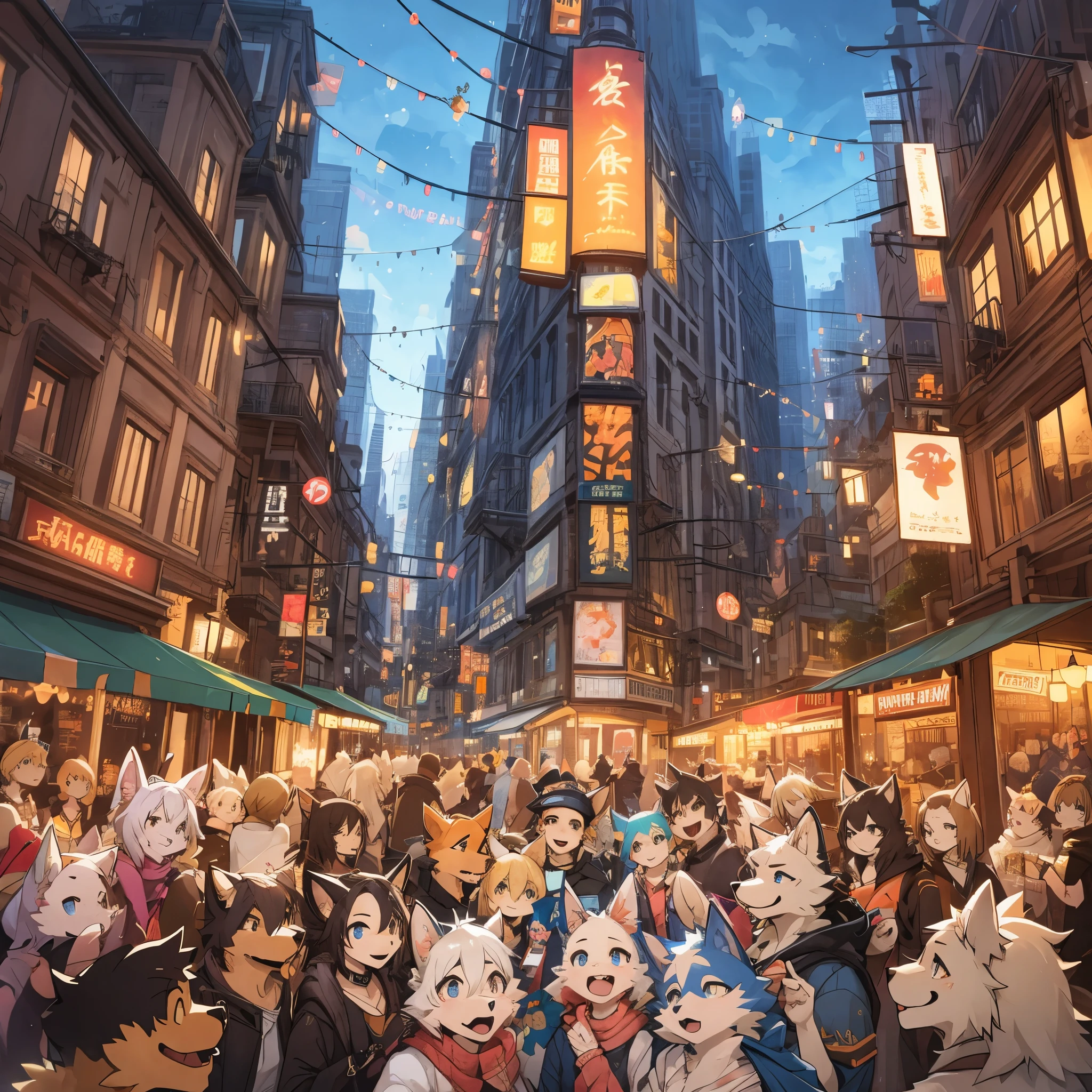 top quality, best quality, High-quality illustrations, masterpiece, super high resolution, detailed background, Crowded cityscape, group shot, 6+boys, 6+girls, festival, absurdres(highly detailed beautiful face and eyes)perfect anatomy(Photo of family trip)(kemono, furry anthro)selfie,