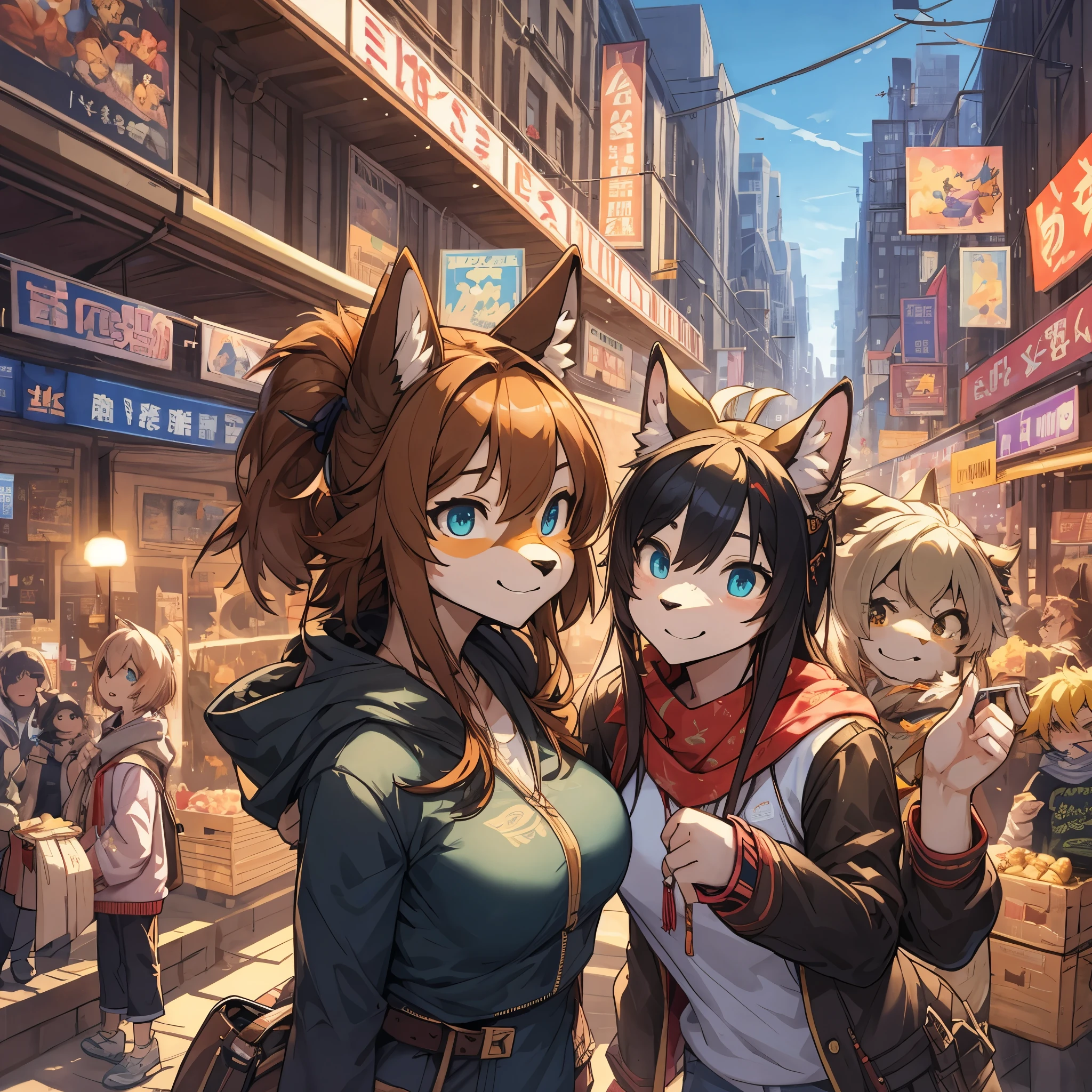 top quality, best quality, High-quality illustrations, masterpiece, super high resolution, detailed background, Crowded cityscape, group shot, 6+boys, 6+girls, festival, absurdres(highly detailed beautiful face and eyes)perfect anatomy(Photo of family trip)(kemono, furry anthro)selfie,