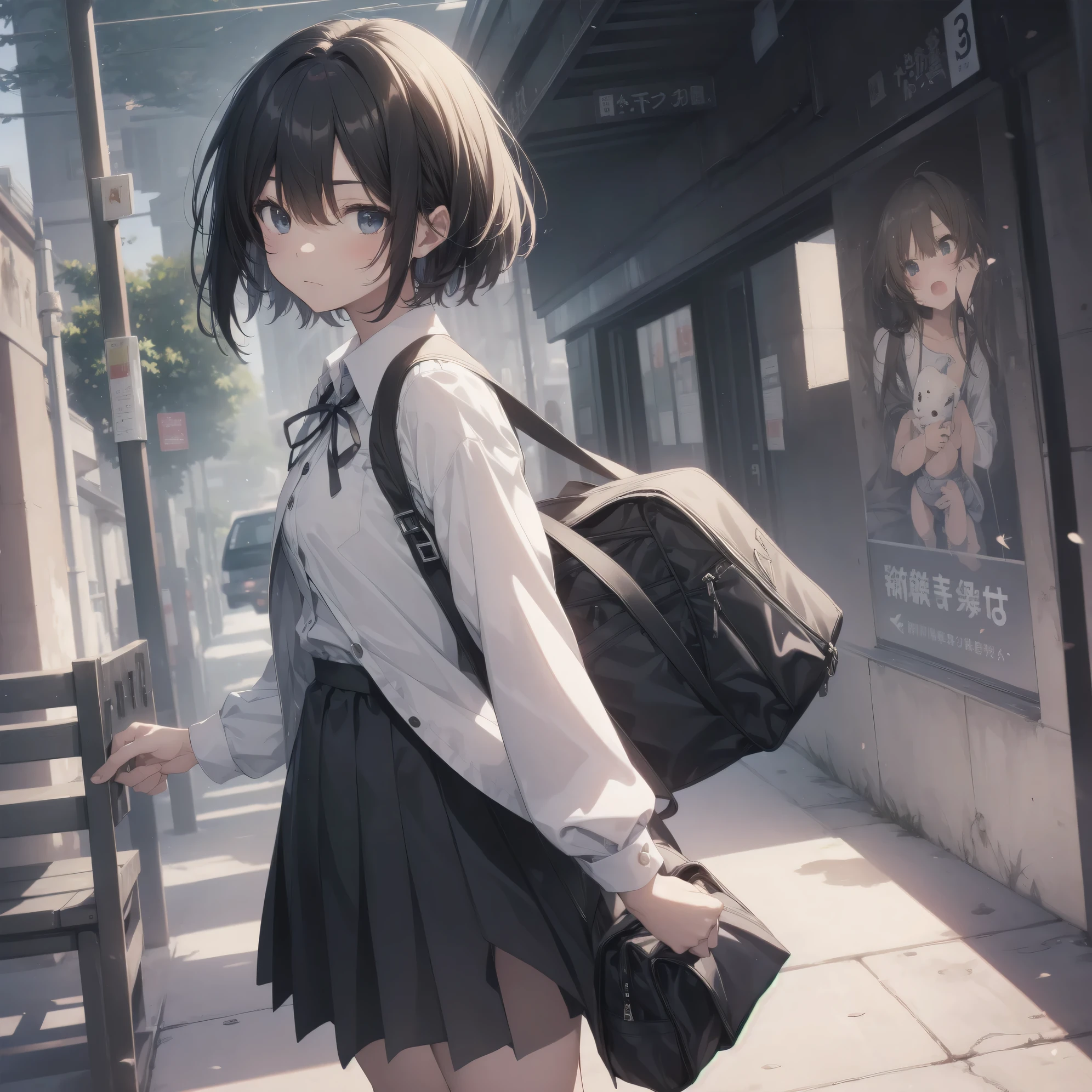 artist:Fujiyama,Super absurd quality by the god of art, super detailed, High resolution,  anime moe art style, Best Anime 8K Kona-chan Wallpaper, pixiv contest winner, perfect anatomy, break,(眠そうにalone学校へ行く女の子を描いてください. )break,1 girl, (alone,little woman, baby face, 13 years old:1.3),All limbs, full finger,, The charm of an immature body, (very_short hair), Bang, flat chest, small ass, between legs, small black eyes, detailed and beautiful eyes, Well-proportioned iris and pupils, expressive eyes, sleepy eyes, High resolutionの詳細な髪, neck ribbon, skirt, collared shirt, pleated skirt, school uniform, school bag,(detailed lighting), (detailed background), On the way to school. break,super dense skin, Best cinematic lighting powered by famous artist, 8k,collaboration illustration,photoshop_(Moderate),Absurd Hi-Res,Hmm,rough skin,artist:Harada_Takehito, artist:kuroboshi_kouhaku, 