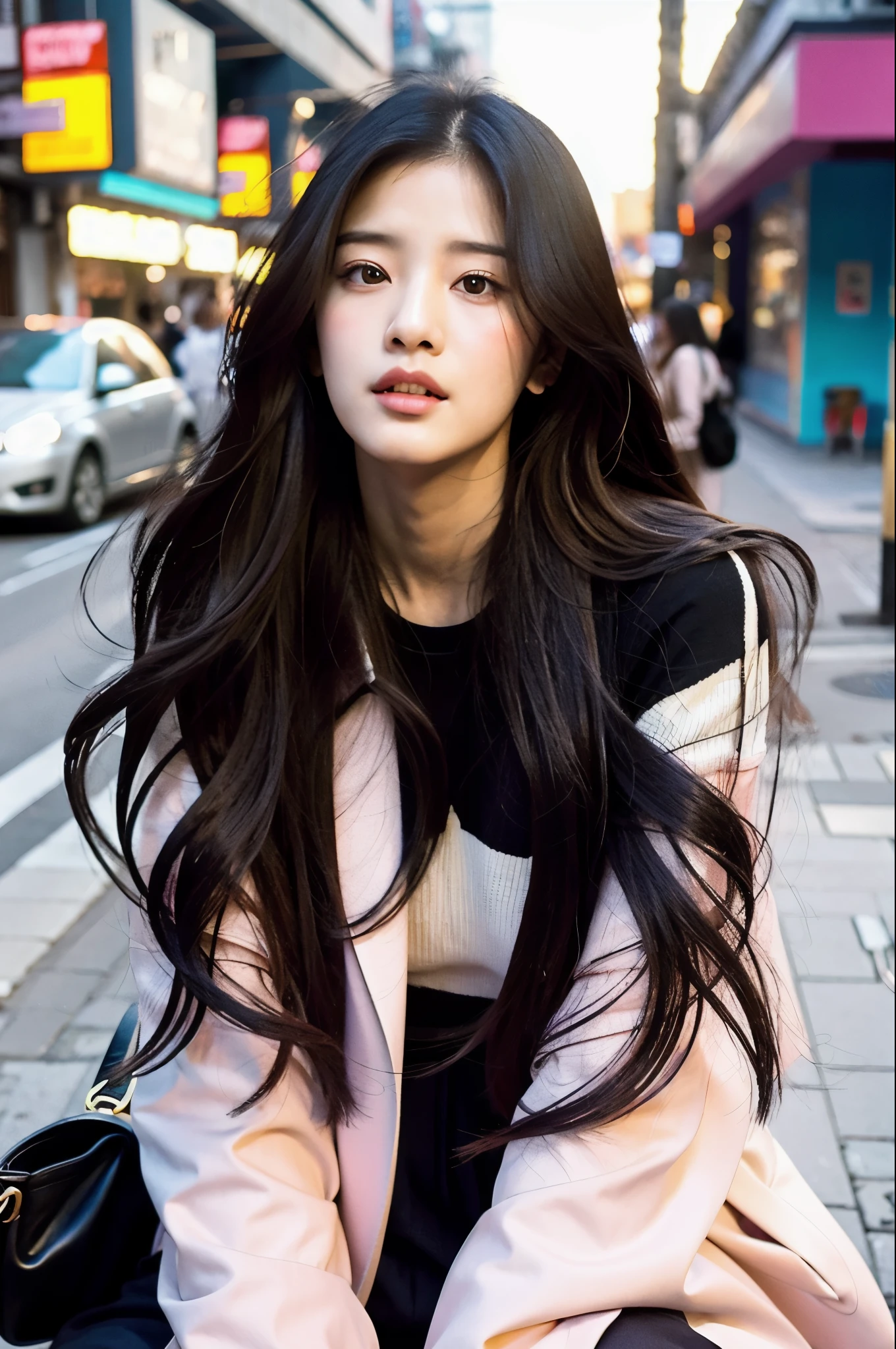 araffe girl with long hair sitting on a bench in the street, blackpink joshi, portrait of blackpink joshi, blackpink roseanne park, Ulzzang, black pink jisoo, black pink jenny, BLACKPINK&#39;s Jisoo, with long hair, blackpink larisa manoban, korean girl, Bae Suzy, Choi Hong Hwa, Nam Jae Young
