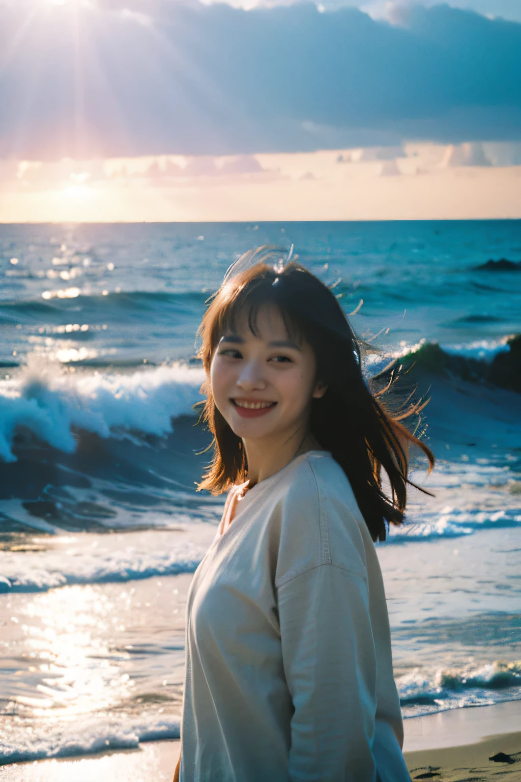best quality,masterpiece,ultra high resolution,(authenticity:1.4),original photo,Light,
1 girl,Smile,backLight,ocean,