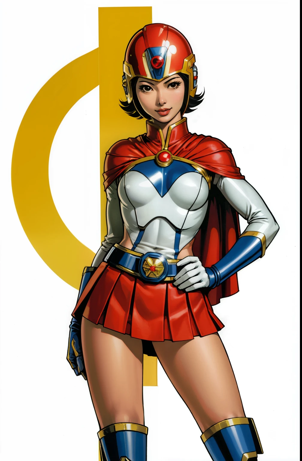 one woman, stand up, happy, sexy, asian super hero , maquiagem, small breasts, Lips are soft or colored, , tokusatsu, cap, fundo simples, sexy, short skirt, short cape, stand up, super sentai, perfect hands, good anatomy, postura ereta, provocante, smille facial expression, simple lighting and texture, white background, helmet with glass, tokyo, legs