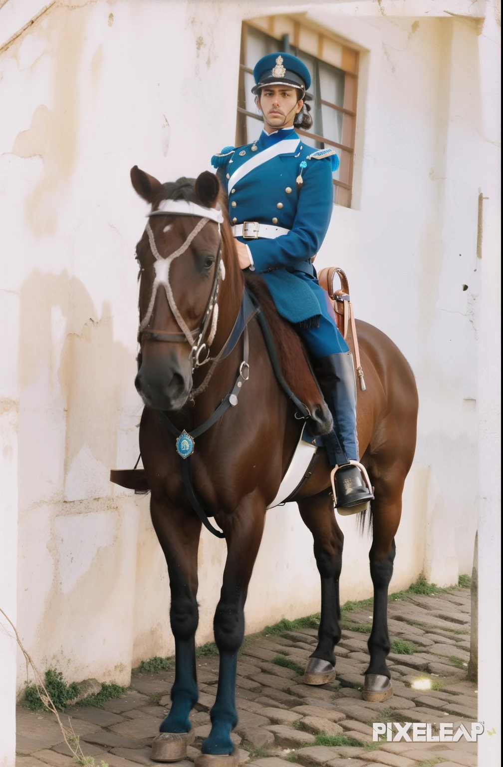 Un granadero a caballo, traje azul oscuro,
