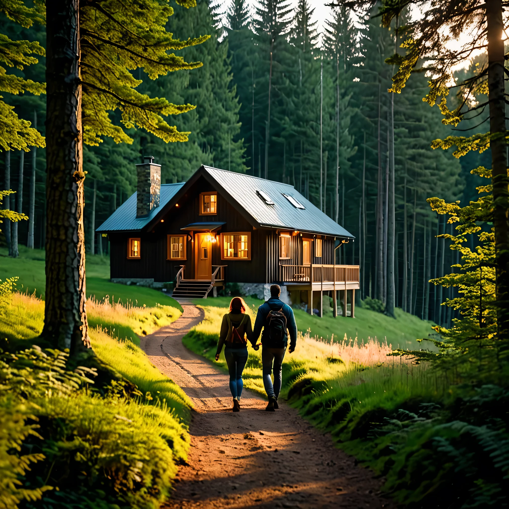 4k, dramatic lighting, high resolution, a man and a woman walking down a path in front of a cabin, beautiful house on a forest path, house in forest, house in the wood, the house in the forest, cottage in the forest, solitary cottage in the woods, the small house in the forest, cottage in the woods, cabin in the woods, nestled in a forest