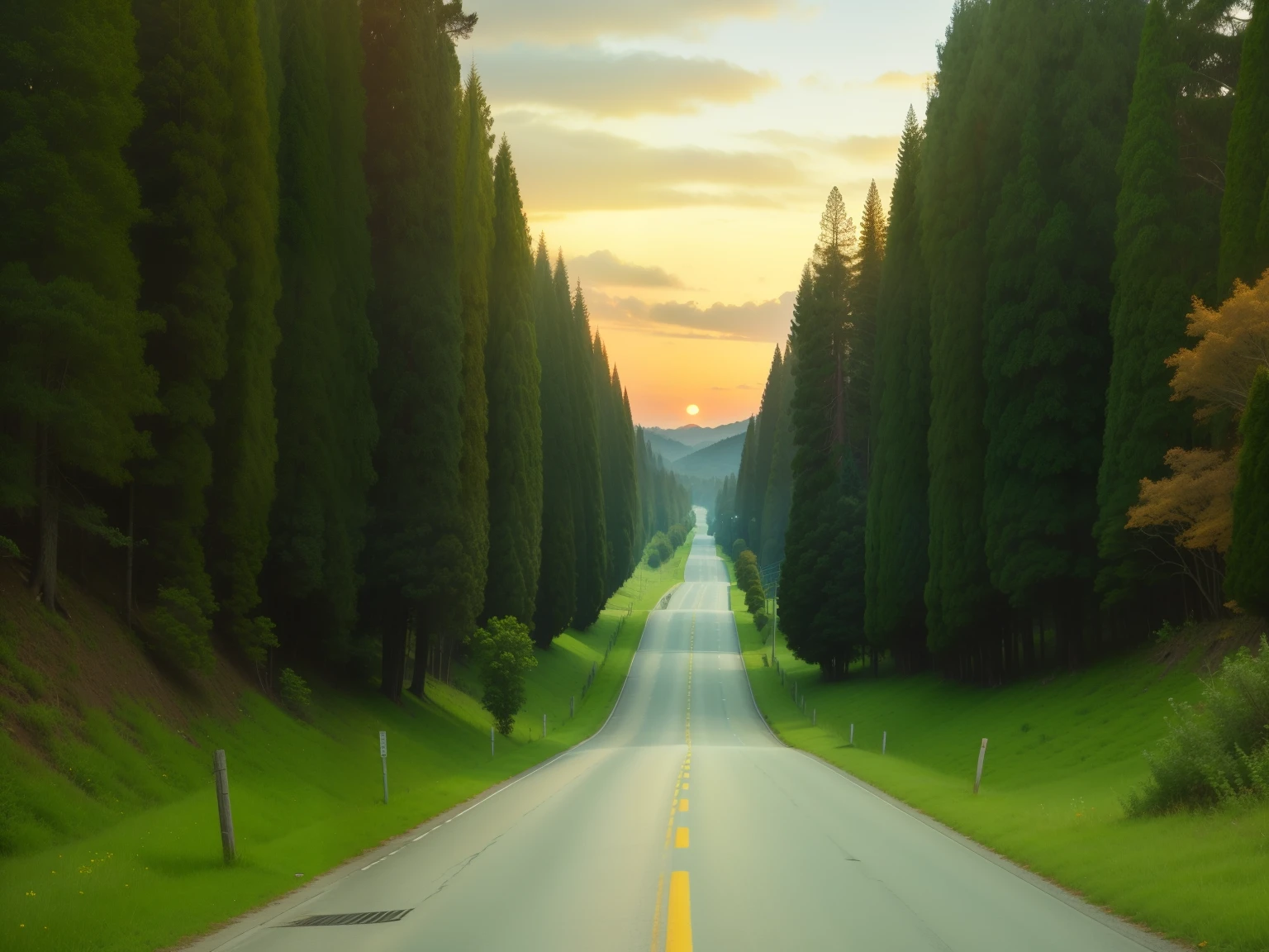 a view of a road lined with tall trees and green grass, road between tall trees, ciprestes, estrada rural, Perspectiva do ponto de fuga, Todos os caminhos levam a Roma, ciprestes, Ponto de fuga da lente grande angular, estrada vazia no meio, ciprestes and hills, estrada montanhosa, fotografia de paisagem grande angular, Estrada longa, wooded path at sunset