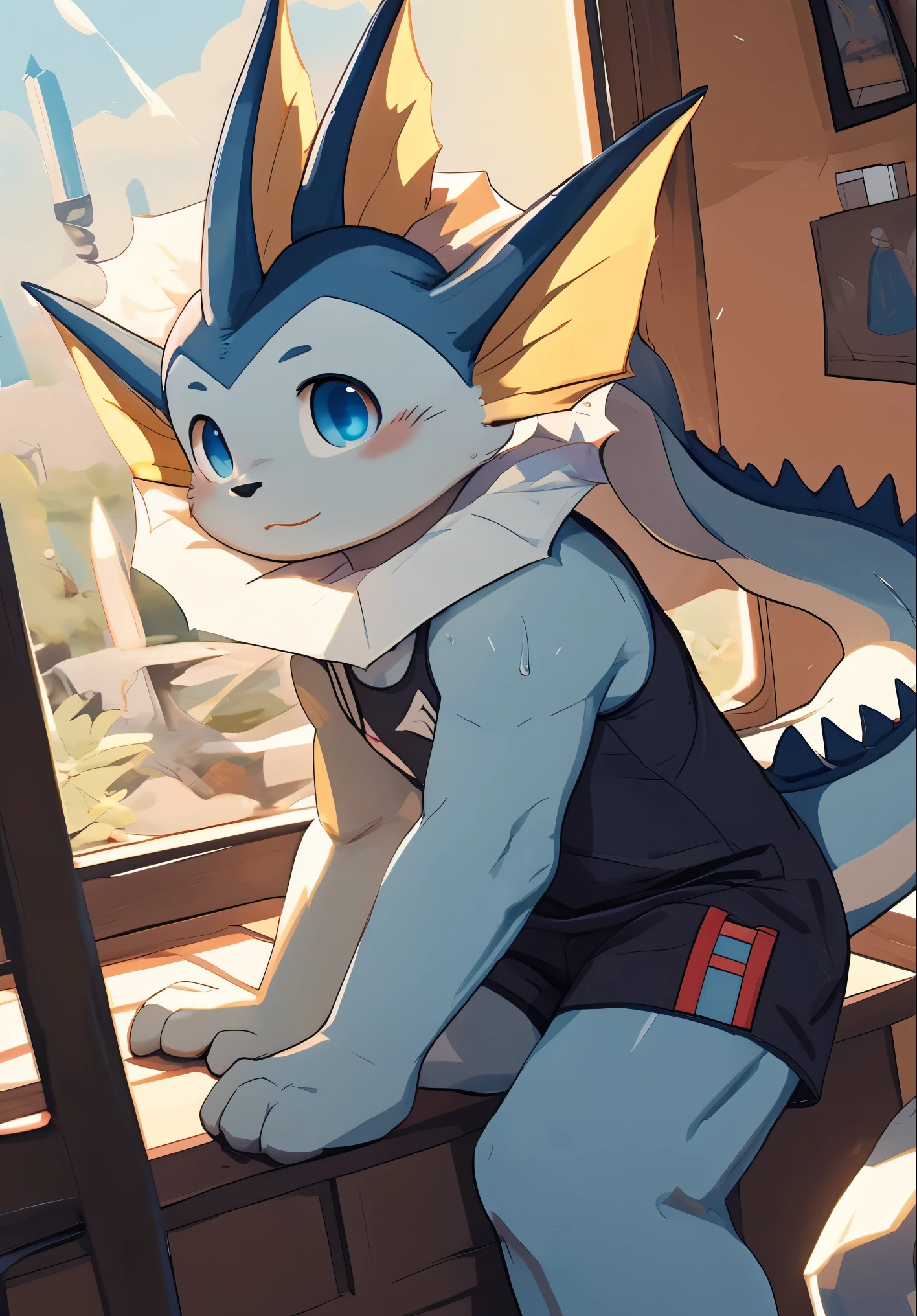 maSterpiece,  high quality, number, \( artwork \),( Fluffy Fur ,Character focuS:1.1),  Walter Ibrahimovic, vaporeon, Kiyoyama, Steam,whole body, Shota，S，boyS，Juvenile，Proud，Bright EyeS, panorama,Character focuS.( detailed background :0.7),Alone,Hairy的 male ,male focuS,Flower Charcoal,eyeS are very bright,  panorama, Character FocuS Solo,  Protruding crotch, Hairy, Hairy Shota,blue eyes，Wearing a blue Student SwimSuit，one-piece SwimSuit，young Style，Charming，Long Tail, Sweating