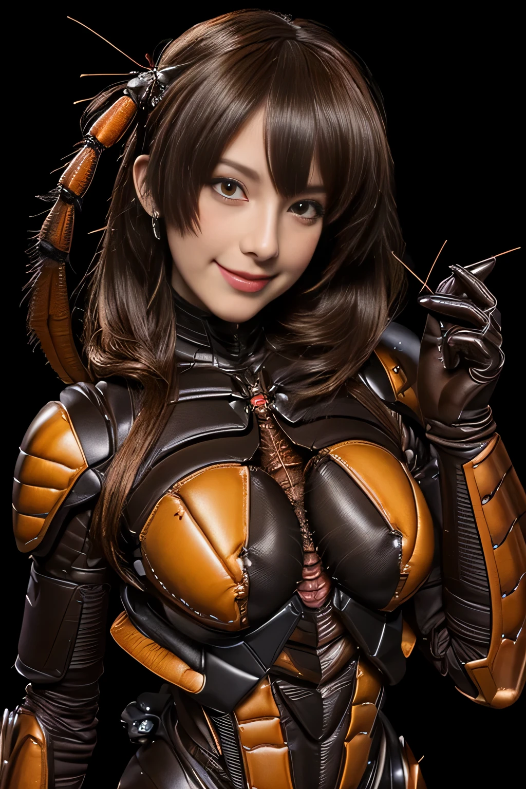 (High resolution,masterpiece,highest quality,Very detailed CG, anime, official art:1.4), realistic, photograph, amazing detail, everything is complicated, shiny and glossy,Amazing number of layers, 8K wallpaper, 3D, sketch, cute, figure,( alone:1.4), perfect female proportions,villain's daughter, (Fusion of dark brown cockroach and lady:1.4), (brown cockroach woman:1.2), (brown cockroach woman:1.2), (Fusion:1.2), (alone:1.4), (evil smile:1.2), muscular, abs, (Cockroach brown exoskeleton bio insect suit:1.4), (Cockroach brown exoskeleton bio insect armor:1.2), (brown transparent cockroach feathers:1.4), (Antennae of brown cockroaches:1.3),