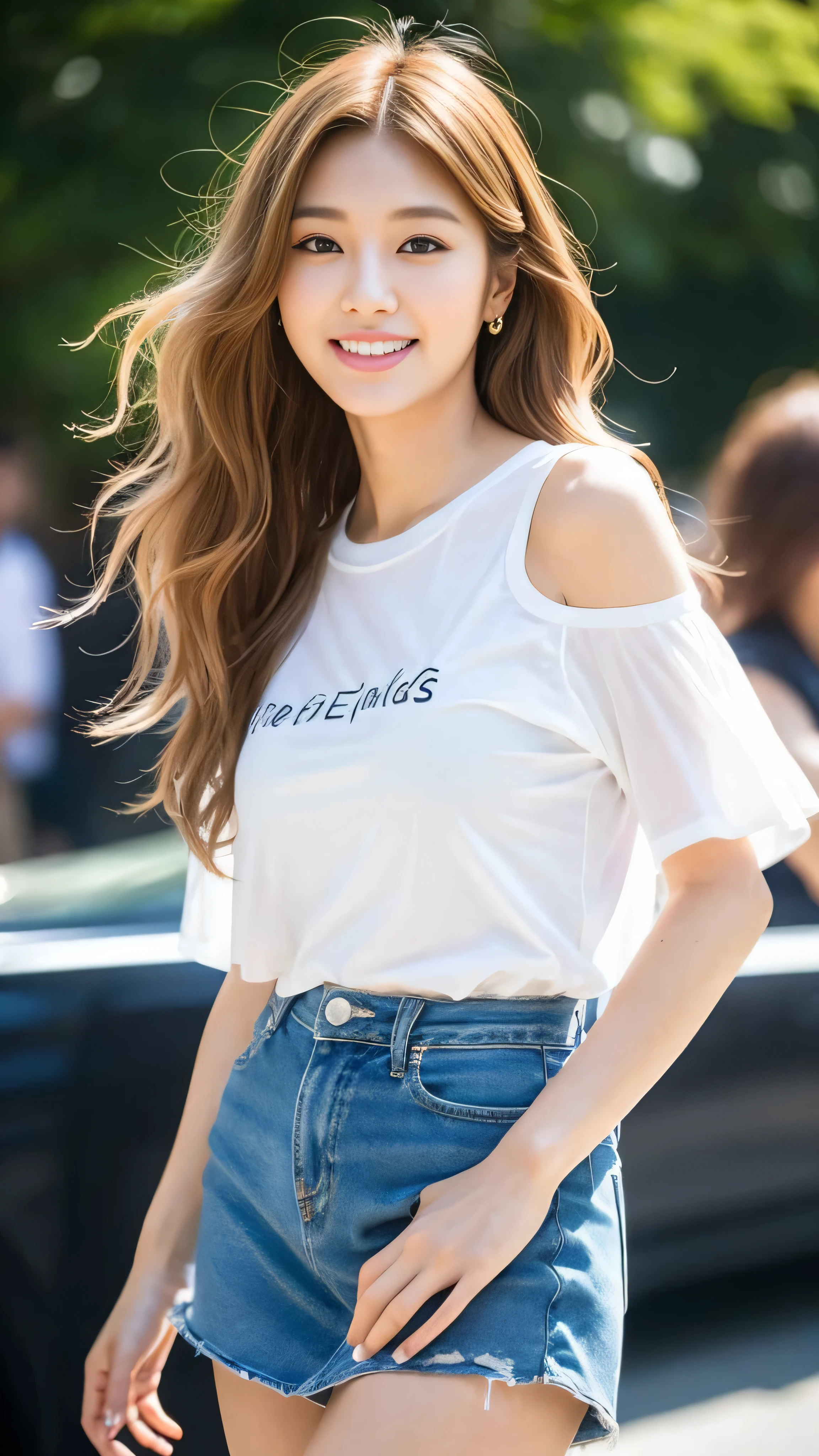 Cute girl around 26 years old (Idol KPOP: 1.4), mature, very beautiful and delicate, (light makeup), long brown hair, sweet smile, Delicate and beautiful fair skin, realistic and realistic, delicate and perfect facial features, Detailed facial description, high nose bridge, red lips, beautiful gentle and mature, flowing smooth hair, very delicate hair, soft temperament, face light, 超realistic, realistic, 8K quality, extreme details, realistic details, master works, realistic extreme, perfect body, overwhelmingly beautiful, pure desire, stunning beauty, unparalleled beauty, best image quality, 8K resolution, goddess, smile, detailed facial features, hair on shoulders, brown hair, long and thick legs, sunlight, towards the camera, Well-proportioned, solid body shape, gentle eyes, exposed thighs, standing posture, Inside the shopping center, full body photo, mini short skirt, sweaty skin, wavy blonde hair, nylon t-shirt