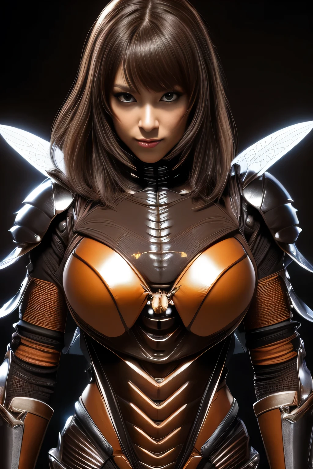 (High resolution,masterpiece,highest quality,Very detailed CG, anime, official art:1.4), realistic, photograph, amazing detail, everything is complicated, shiny and glossy,Amazing number of layers, 8K wallpaper, 3D, sketch, cute, figure,( alone:1.4), perfect female proportions,villain's daughter, (Fusion of dark brown cockroach and lady:1.4), (brown cockroach woman:1.2), (brown cockroach woman:1.2), (Fusion:1.2), (alone:1.4), (evil smile:1.2), muscular, abs, (Cockroach brown exoskeleton bio insect suit:1.4), (Cockroach brown exoskeleton bio insect armor:1.2), (brown transparent cockroach feathers:1.4), (Antennae of brown cockroaches:1.3),