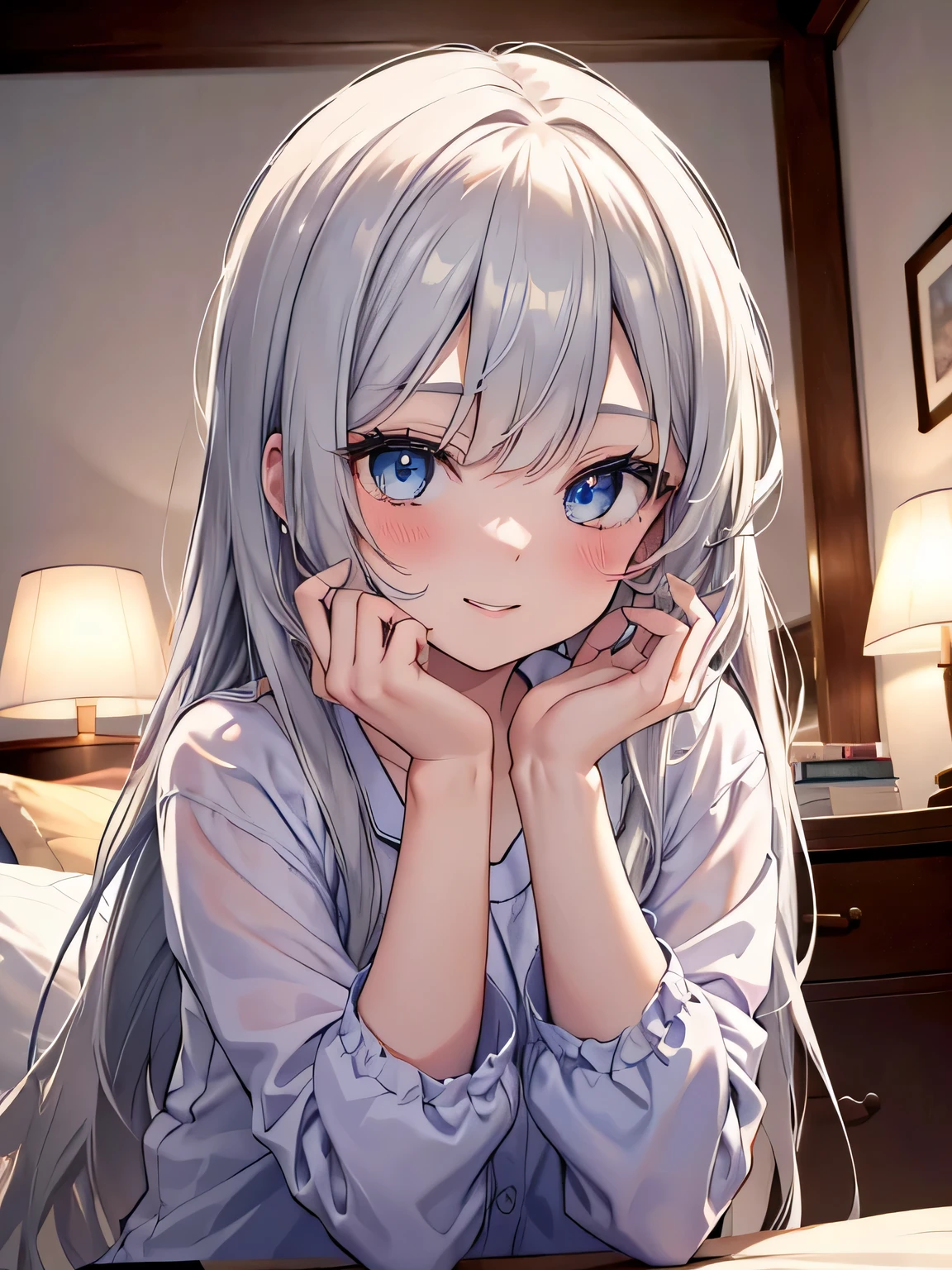 table top, highest quality, (perfect face:1.1), (high detail:1.1), (very detailed目), dramatic, Ultra-fine illustration, very detailed, 1 girl, ager,(white skin), long gray hair, mysterious eyes, blue eyes,blush,alone,smile, Happy, smile, enjoy, open your mouth, swollen lips,cinematic lighting,look up,Upper body,pajamas,indoor,Bedroom,night,sitting on the bed,open your arms