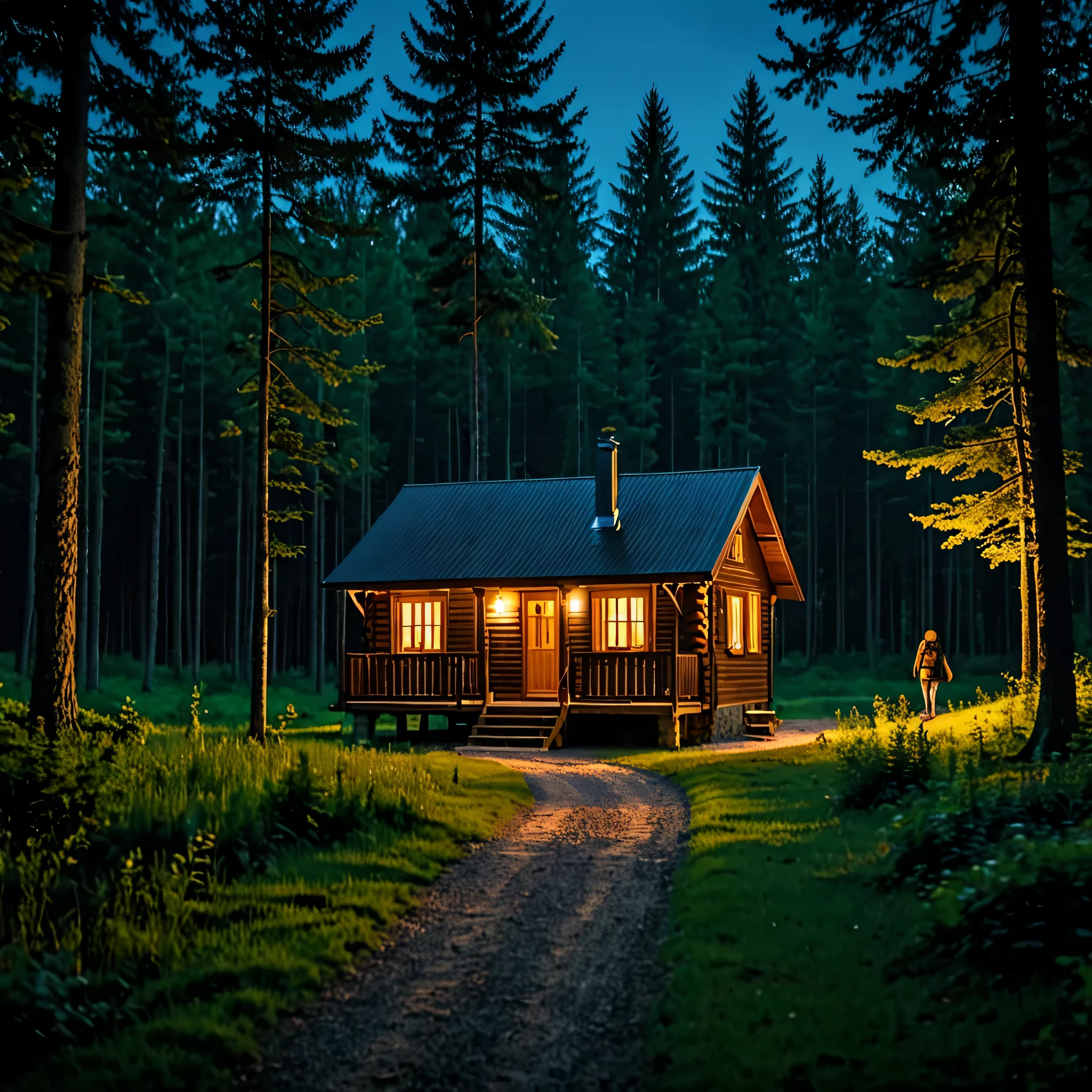 Night scene, 4k, dramatic lighting, high resolution, a man and a woman walking down a path in front of a cabin, beautiful house on a forest path, house in forest, house in the wood, the house in the forest, cottage in the forest, solitary cottage in the woods, the small house in the forest, cottage in the woods, cabin in the woods, nestled in a forest