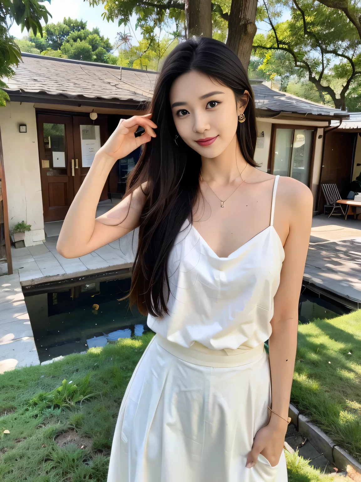 ,masterpiece, best quality,8k, ultra high resolution,Real light and shadow,lens,(beautiful eyes:1.1), ((中景 the scene is,upper part of body)),dynamic poses,on a green meadow,The gentle goddess came with gentle steps。She is wearing a white dress,A gentle breeze blew by,The skirt dances gently。The sun shines through the leaves into her hair,Reflecting her clear eyes and gentle smile。Colorful butterflies dance around her,Flowers bloom because of her,It’s as if nature is cheering for her。