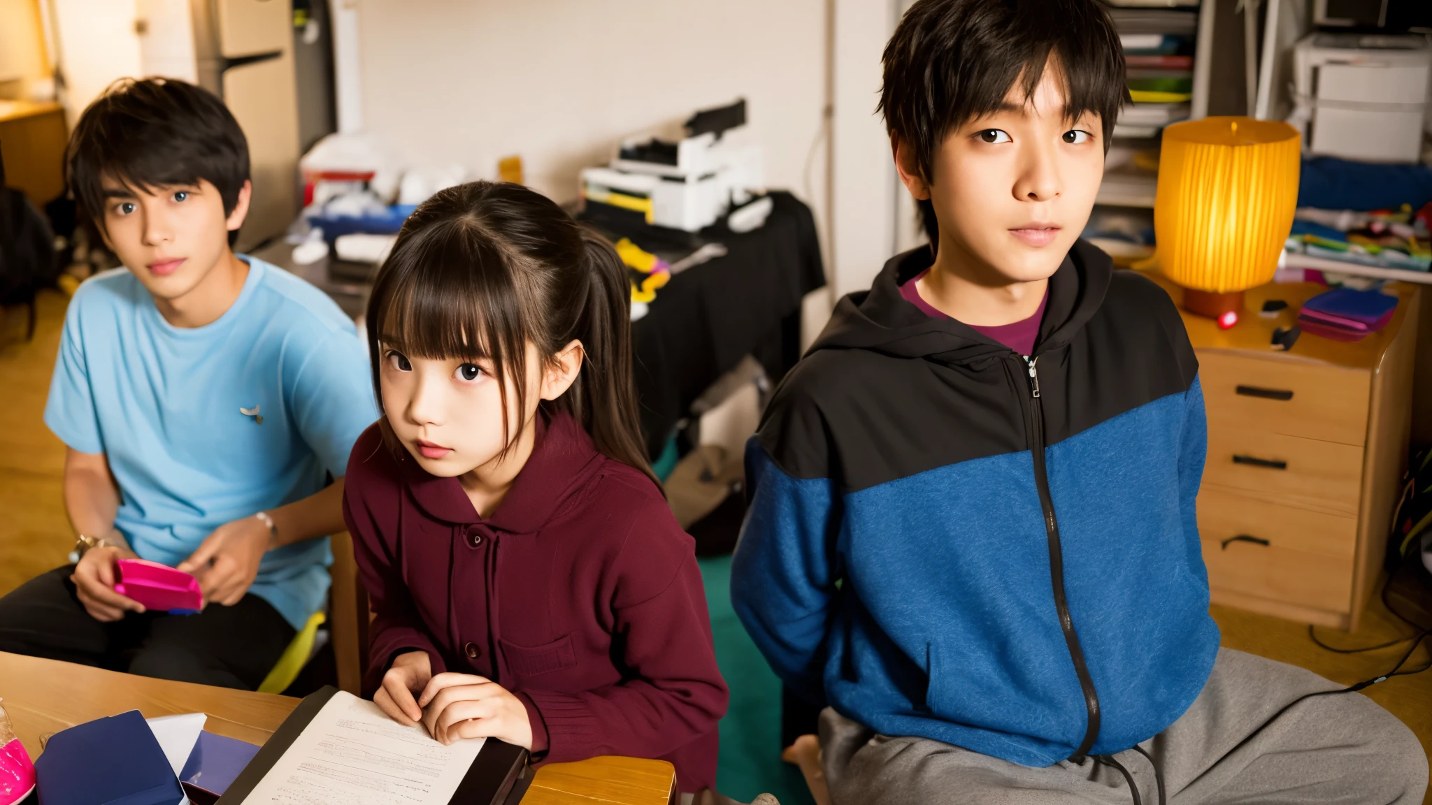 messy room,young woman,Two young men,uncle,Japanese,girl manga