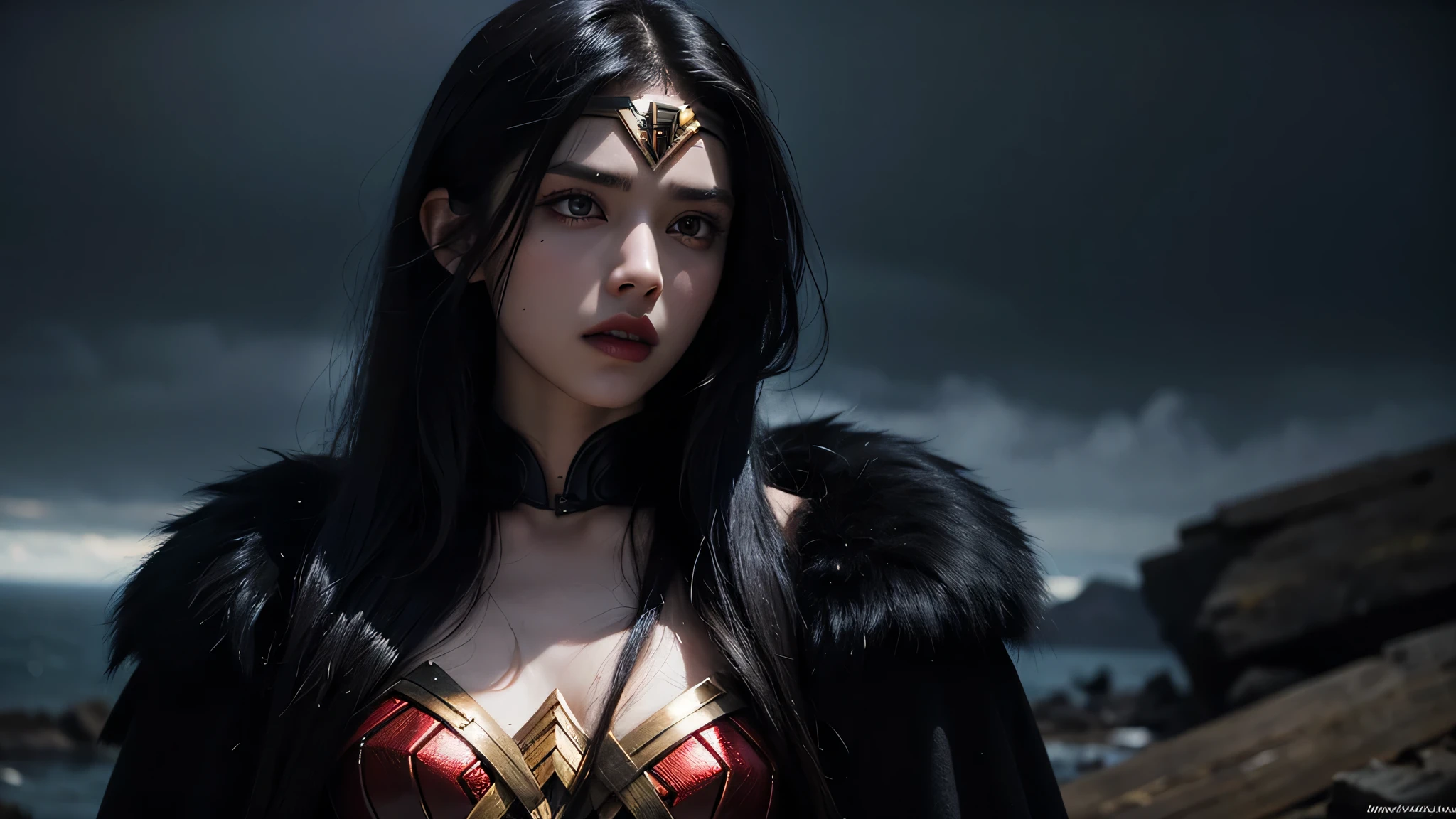 1 female, red_eye, black hair, extreme length hair, straight_hair, run down hair, wonder woman suit, sad_face, masterpiece, highest quality, Super detailed, (detailed background), perfect shading, high contrast, best illumination, very detailed, ray tracing, realistic lighting effects, neon noir illustration, perfectly generated hands, looking at both hands with sadness, whole body_portrait, (black lipstick), black eyeliner, black eyeshadow:1.3, white skin:1.4, black nails, black cloak, fur cape & length. background firearound, rock, Remains, rain fire, Far thunder.perfect body,(lie:1.3)