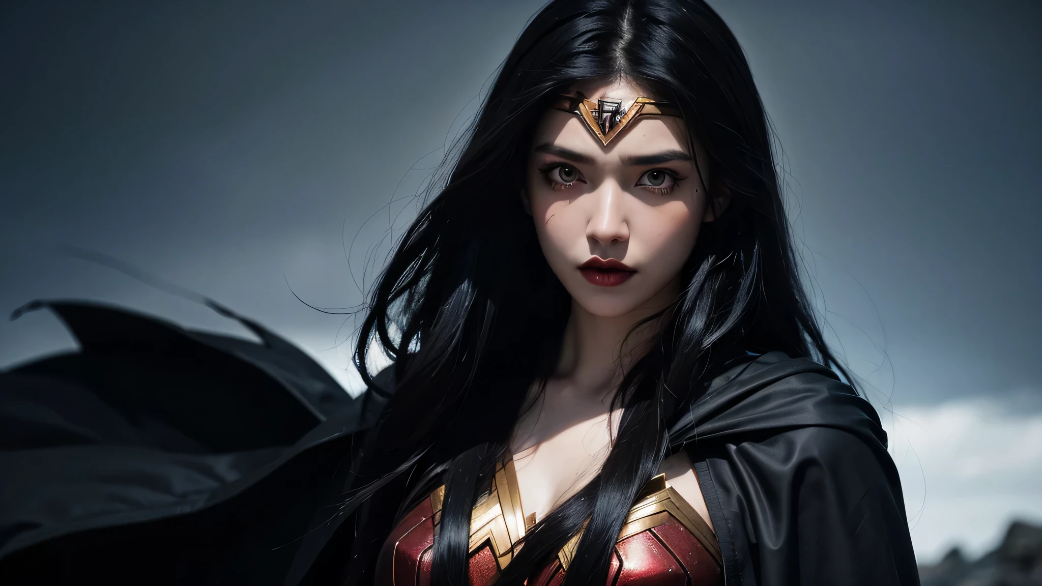 1 female, red_eye, black hair, extreme length hair, straight_hair, run down hair, wonder woman suit, sad_face, masterpiece, highest quality, Super detailed, (detailed background), perfect shading, high contrast, best illumination, very detailed, ray tracing, realistic lighting effects, neon noir illustration, perfectly generated hands, looking at both hands with sadness, whole body_portrait, (black lipstick), black eyeliner, black eyeshadow:1.3, white skin:1.4, black nails, black cloak, fur cape & length. background firearound, rock, Remains, rain fire, Far thunder.perfect body,(lie:1.3)