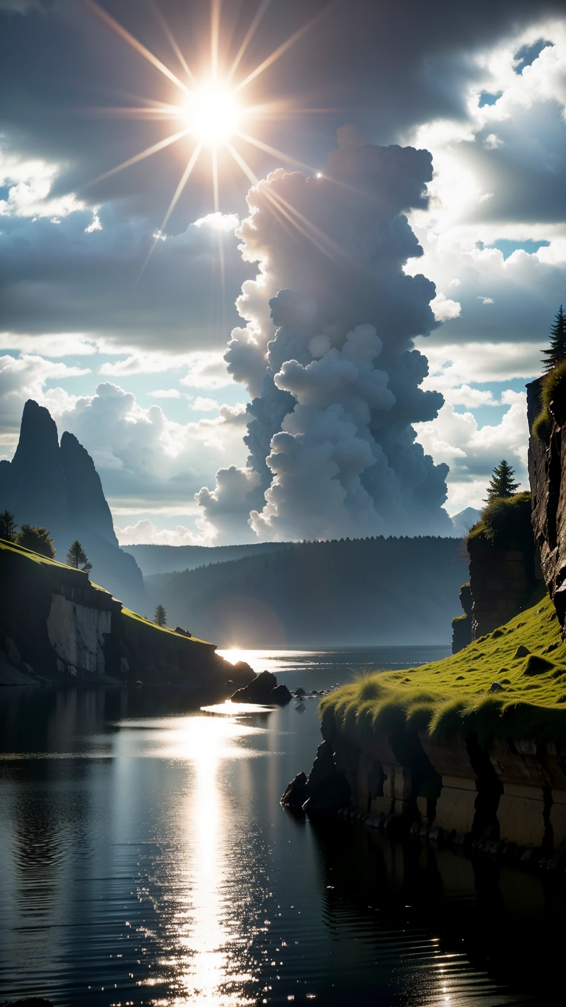 (masterpiece), the best quality, reflection light, Ultra-Wide Angle, beautiful Cloudy sky, Light shining through the clouds, professional, Extremely aesthetic, (immersive), (cool), stylish, Extremely detailed realistic clothing, ((Cloudy sky, The sky is covered with clouds, Sunlight breaking through the cloud, Tyndall Effect, Sunlight breaking through the clouds as background, high quality, high details background)), fantasy art style, high quality detailed art, fantasy mixed with realism, wide shot, platinum and white color schemes,