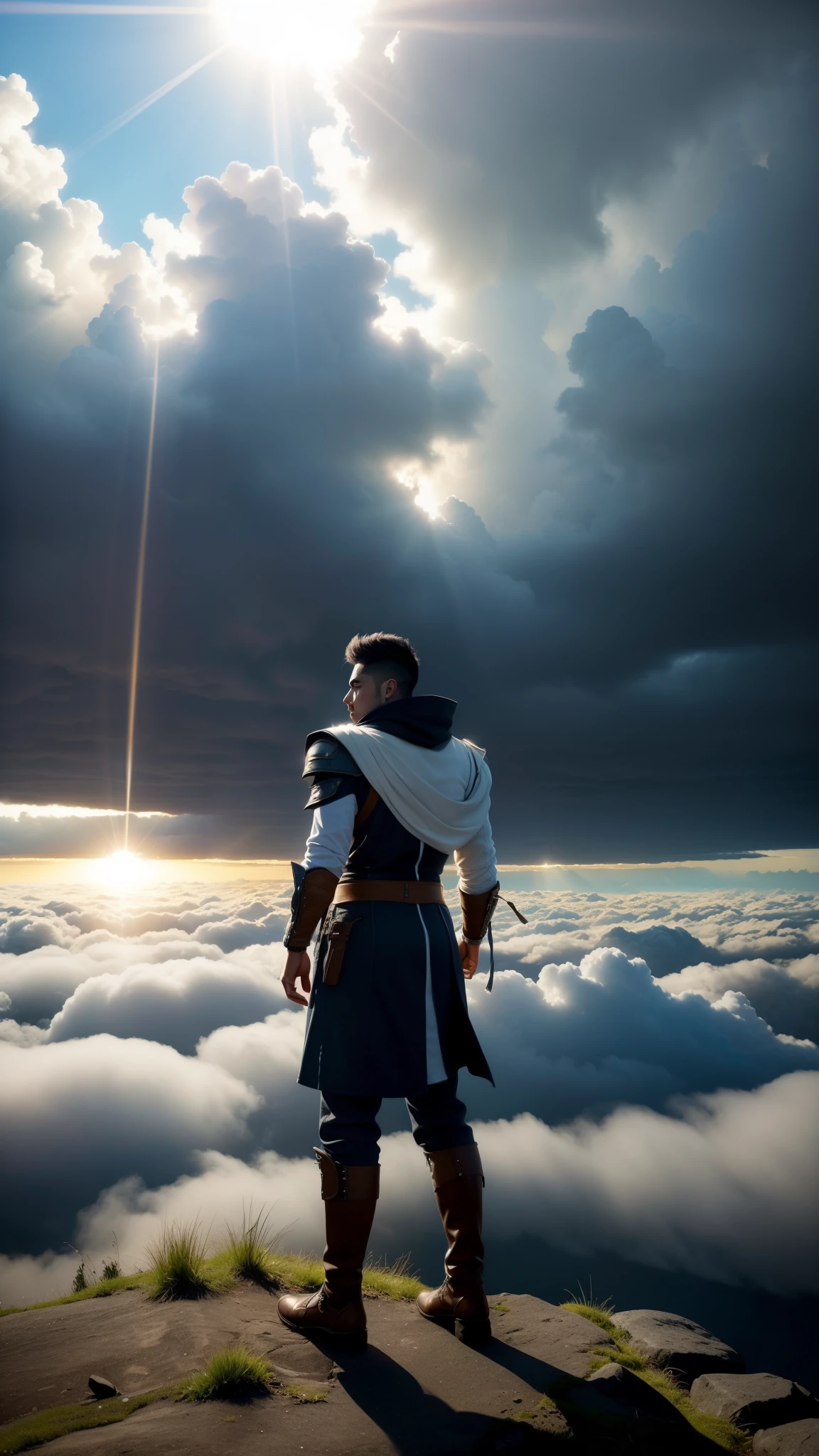 (masterpiece), the best quality, reflection light, Ultra-Wide Angle, beautiful Cloudy sky, Light shining through the clouds, professional, Extremely aesthetic, (immersive), (cool), stylish, Extremely detailed realistic clothing, ((Cloudy sky, The sky is covered with clouds, Sunlight breaking through the cloud, Tyndall Effect, Sunlight breaking through the clouds as background, high quality, high details background)), fantasy art style, high quality detailed art, fantasy mixed with realism, wide shot, platinum and white color schemes,