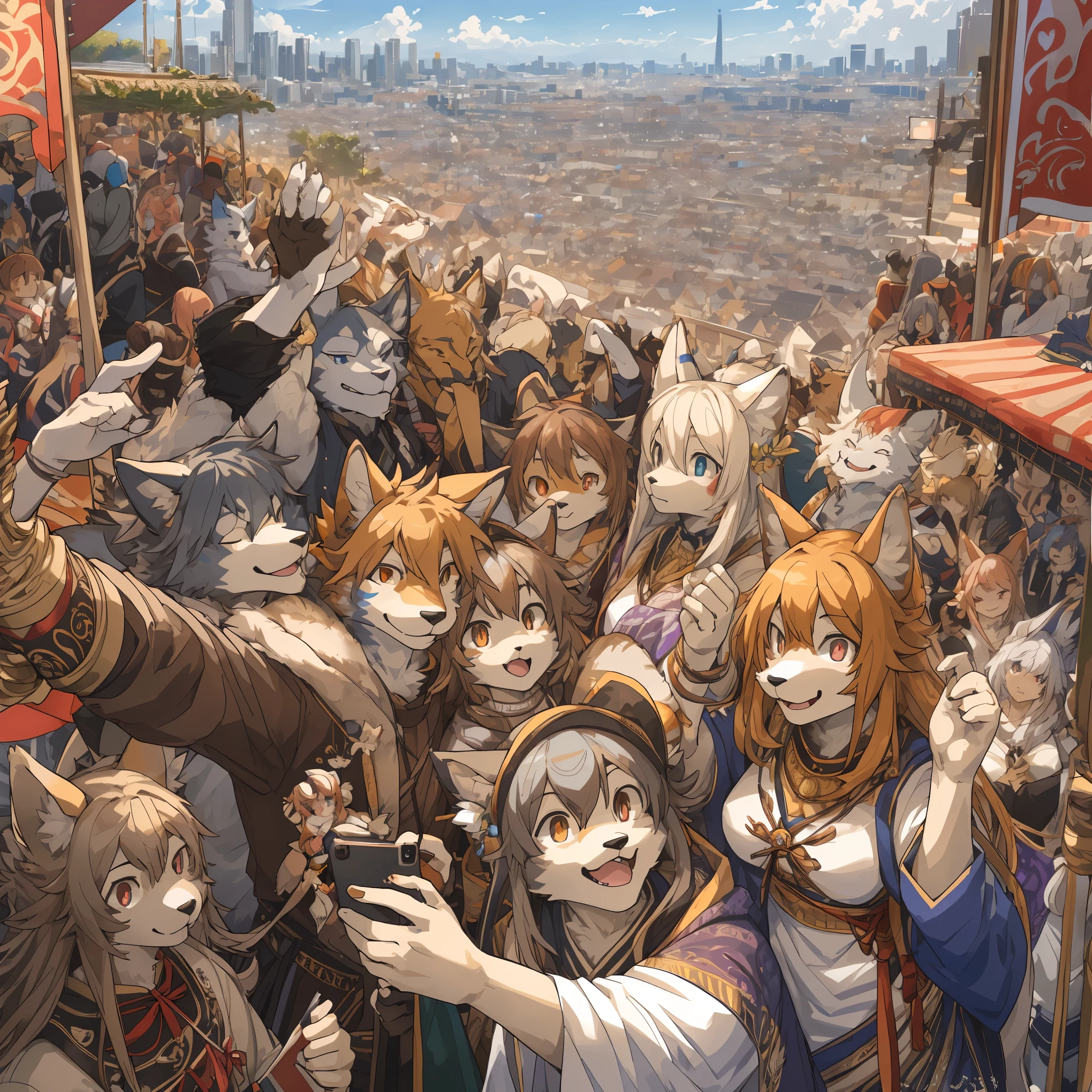 top quality, best quality, High-quality illustrations, masterpiece, super high resolution, detailed background, Crowded cityscape, group shot, 6+boys, 6+girls, festival, absurdres(highly detailed beautiful face and eyes)perfect anatomy(Photo of family trip)(kemono, furry anthro)selfie,