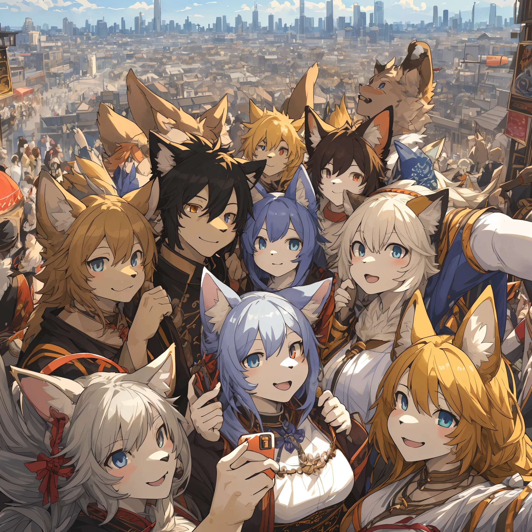 top quality, best quality, High-quality illustrations, masterpiece, super high resolution, detailed background, Crowded cityscape, group shot, 6+boys, 6+girls, festival, absurdres(highly detailed beautiful face and eyes)perfect anatomy(Photo of family trip)(kemono, furry anthro)selfie,