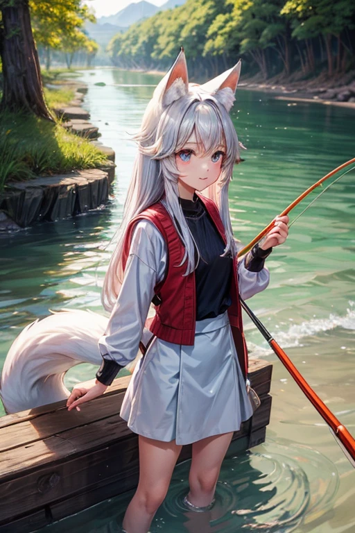 1female，hairy pubic，Fox Maiden，fox ear，1 tail，Bathe by the river，Forest lake background，White hair，The hair is pink and bleached，There is a blue line on the body，pink glowing eyes，standing in water，look from down，waterface，nedium breasts，drippy，liquids，is shy，ssmile，super detailing，tmasterpiece