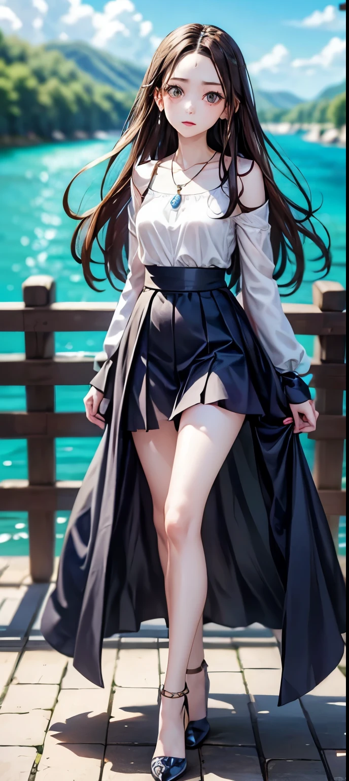 masterpiece、((focus on the face))、(full body shot、Full body photo including face)、((Symmetrical facial features))、((Biologically correct limbs、number of fingers))、Eyes of minute description、Beautiful woman、outstanding style、slender body、(small ass、thin thighs)、(look of contempt、Watery eye)、peplum。((long skirt))、pantyhose、(high heels、anklets of the same color)、Photo showing the whole body、head to toe photo、Detailed depiction of faces、small earrings、necklace、high angle、The subject is far away、shallow depth of field、wide angle focal length、long straight shiny hair、show your forehead、(promenade on the lake)、(The strong wind is holding down my skirt)、