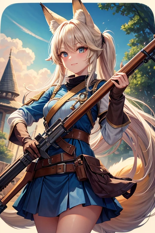 Fox ears, fox tail, girl, holding a flintlock rifle.